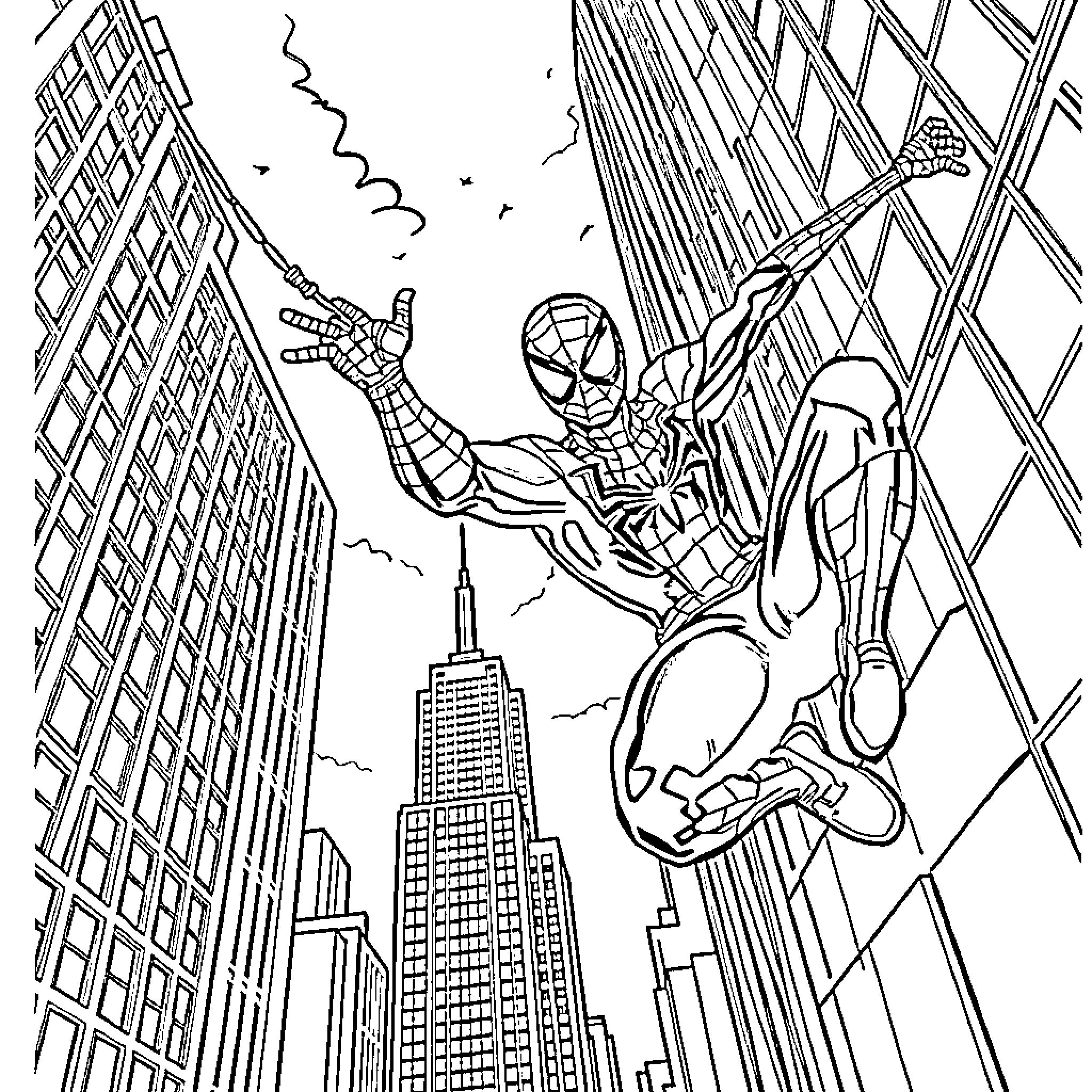Spiderman swinging through the city skyscrapers Coloring Page (free black-and-white line drawing printable PDF for all, from beginners to advanced learners, including children, teens, adults, and seniors)
