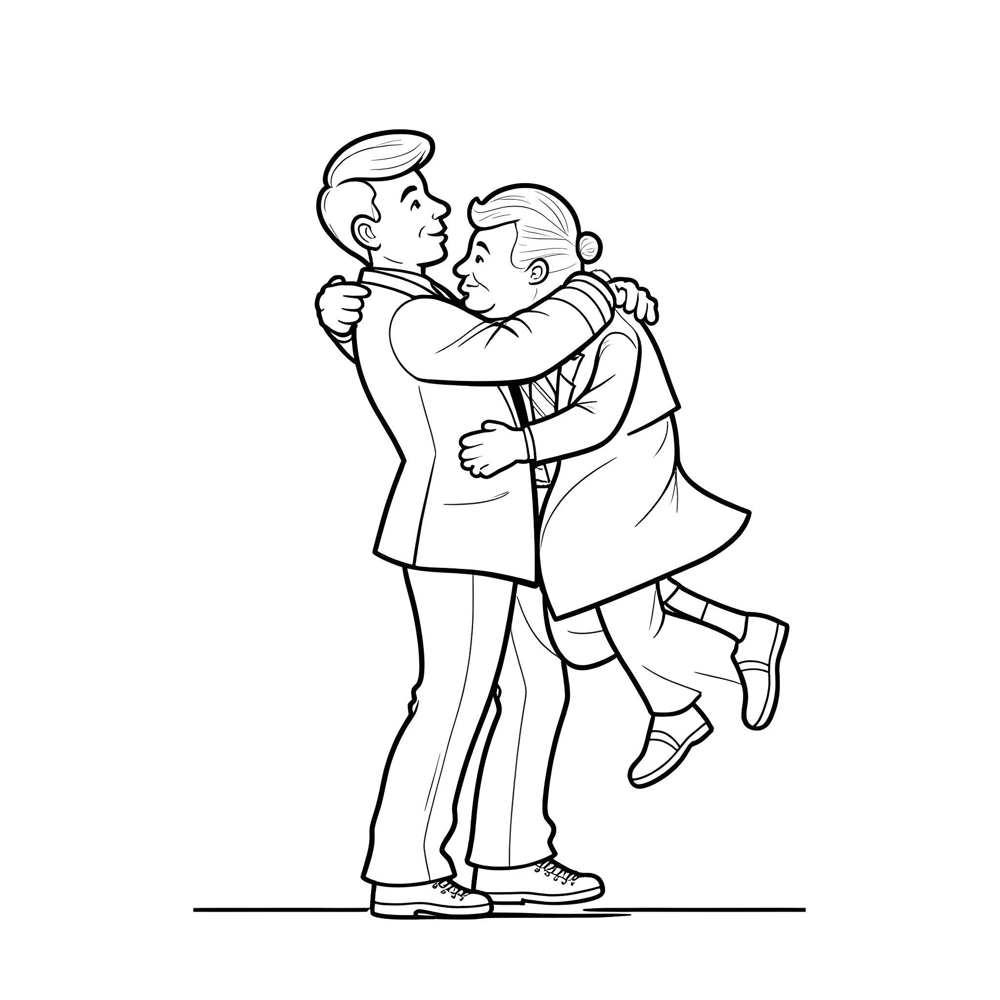 Elon Musk embracing another man Coloring Page (free black-and-white line drawing printable PDF for all, from beginners to advanced learners, including children, teens, adults, and seniors)