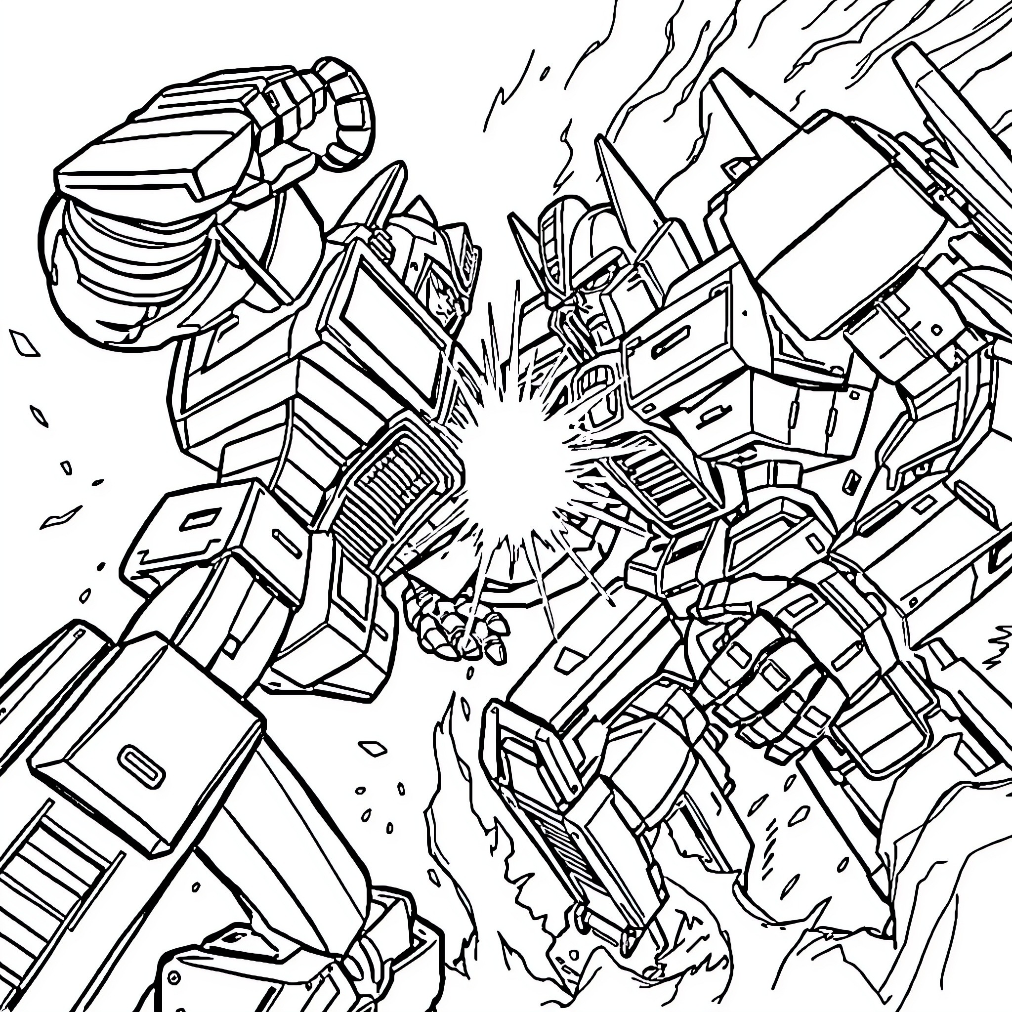 Optimus Prime in Intense Transformers Action Coloring Page (free black-and-white line drawing printable PDF for all, from beginners to advanced learners, including children, teens, adults, and seniors)