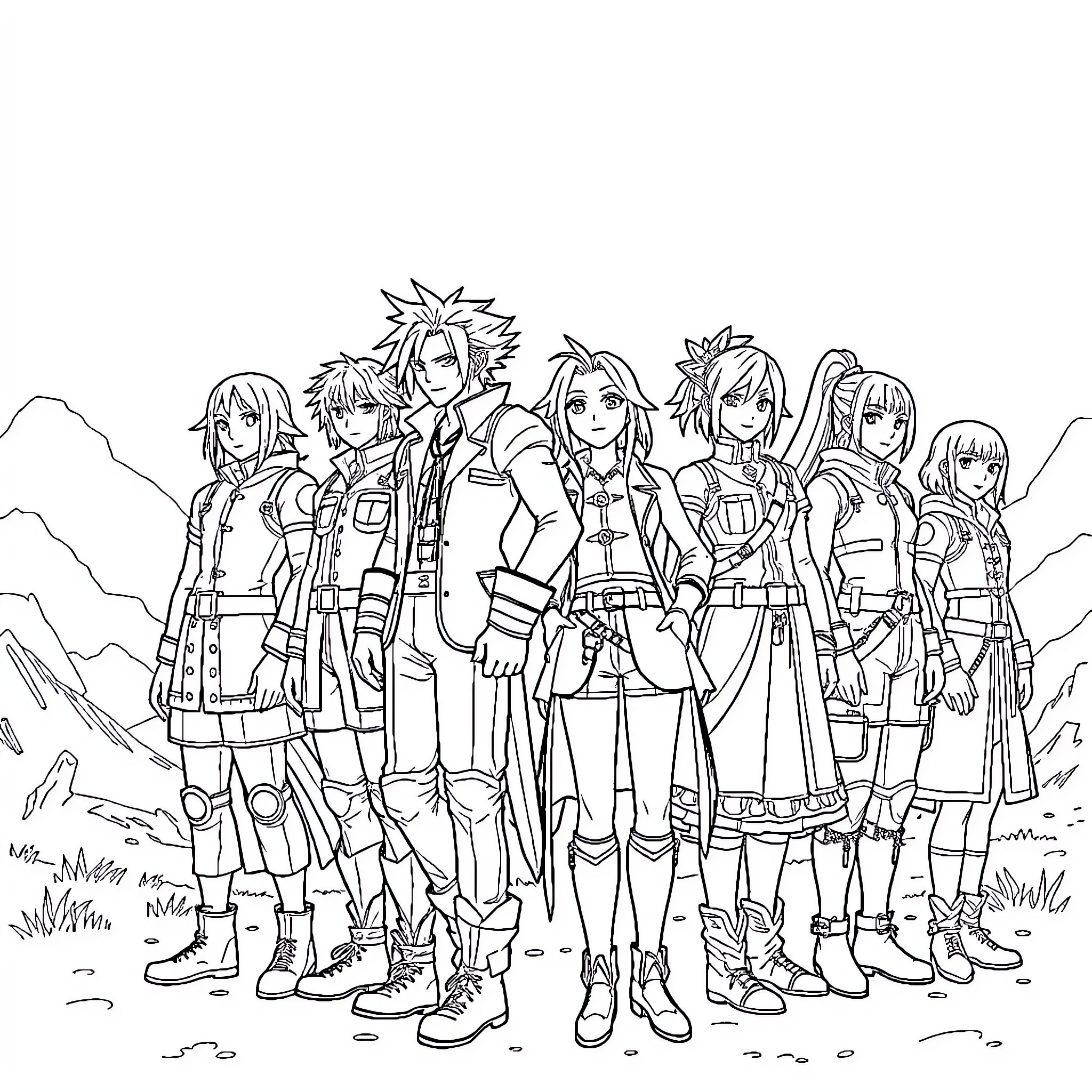 Final Fantasy VII Characters in Action Poses Coloring Page (free black-and-white line drawing printable PDF for all, from beginners to advanced learners, including children, teens, adults, and seniors)