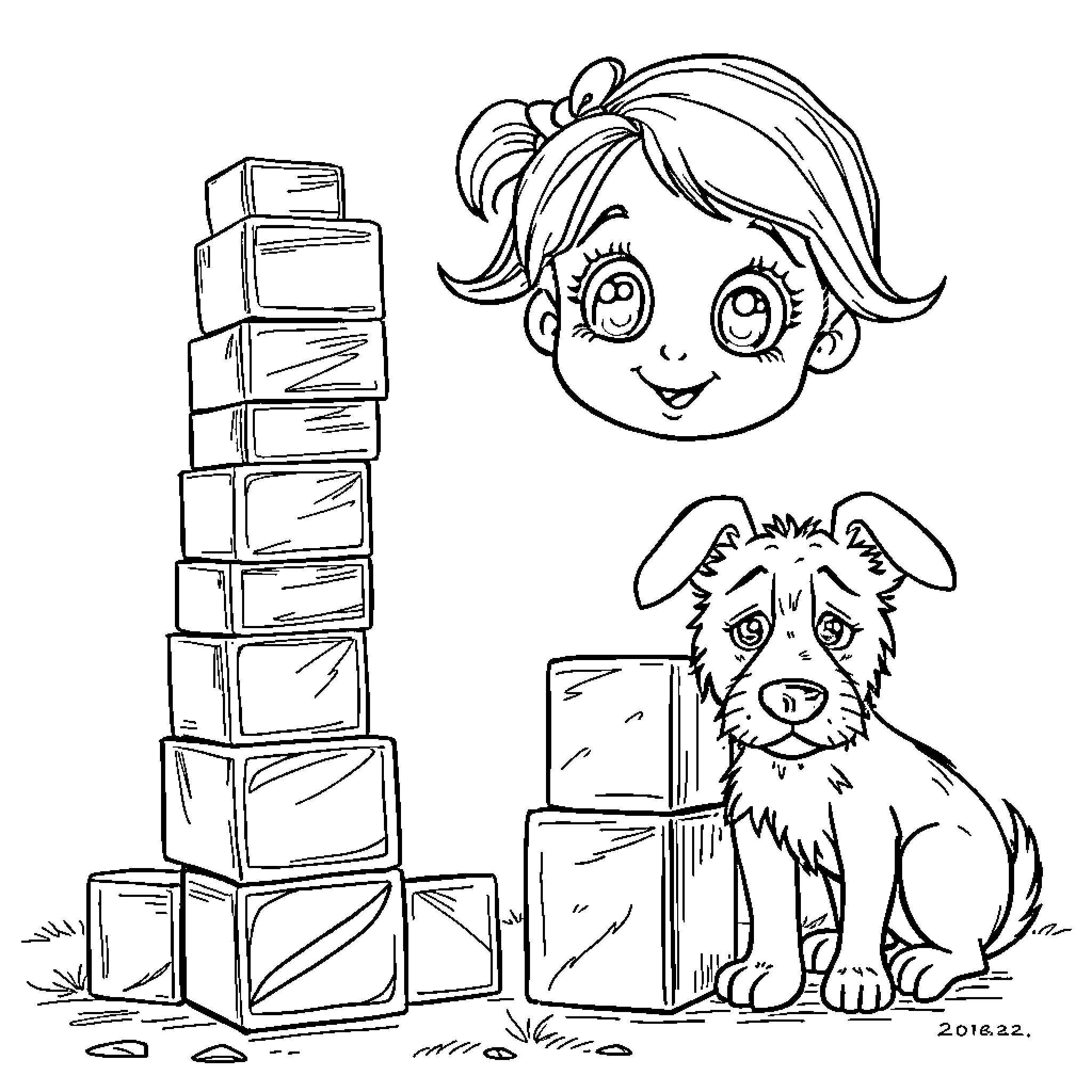Girl Plays with Boxes and Dog Coloring Page (free black-and-white line drawing printable PDF for all, from beginners to advanced learners, including children, teens, adults, and seniors)