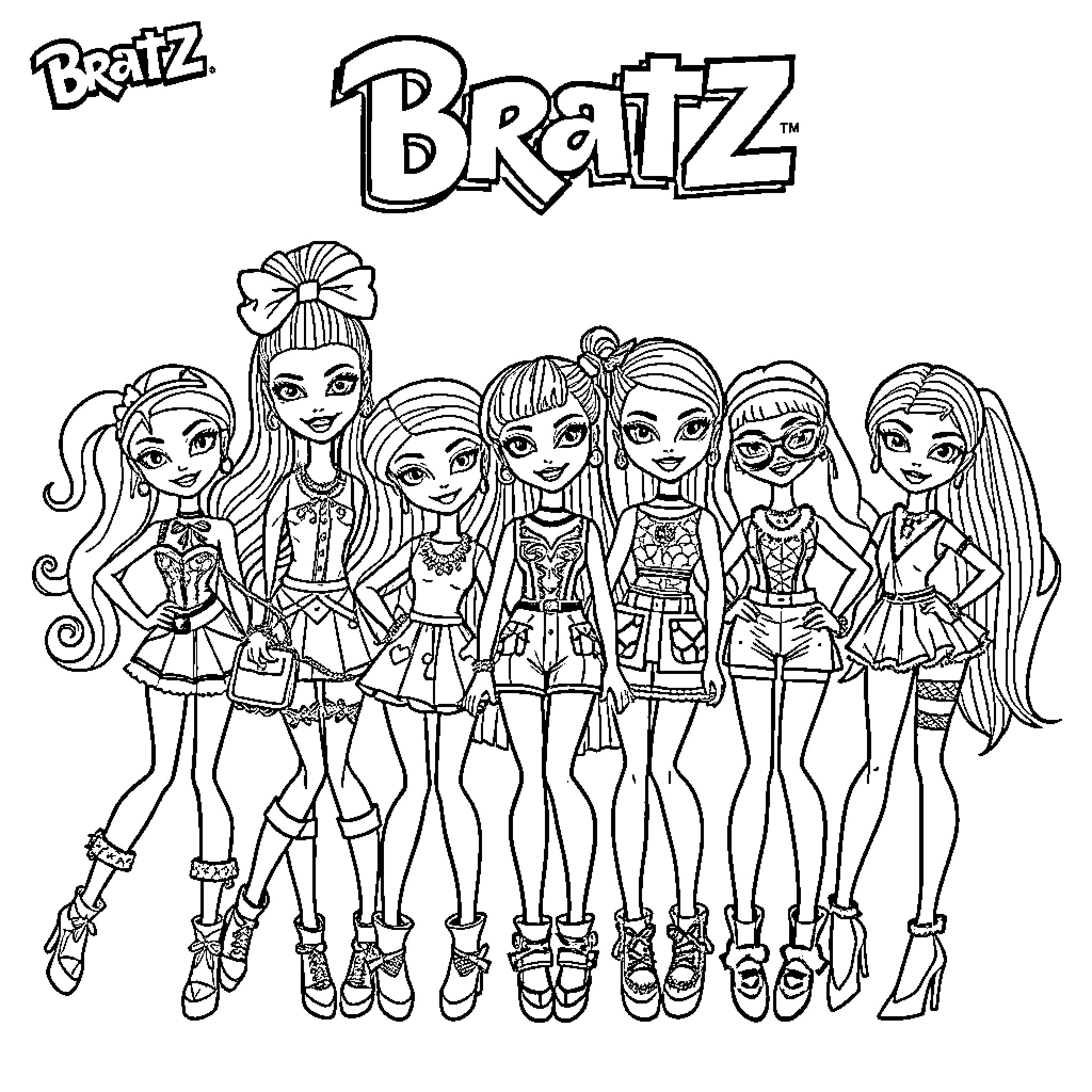 Bratz group posing with fashionable outfits and accessories Coloring Page (free black-and-white line drawing printable PDF for all, from beginners to advanced learners, including children, teens, adults, and seniors)