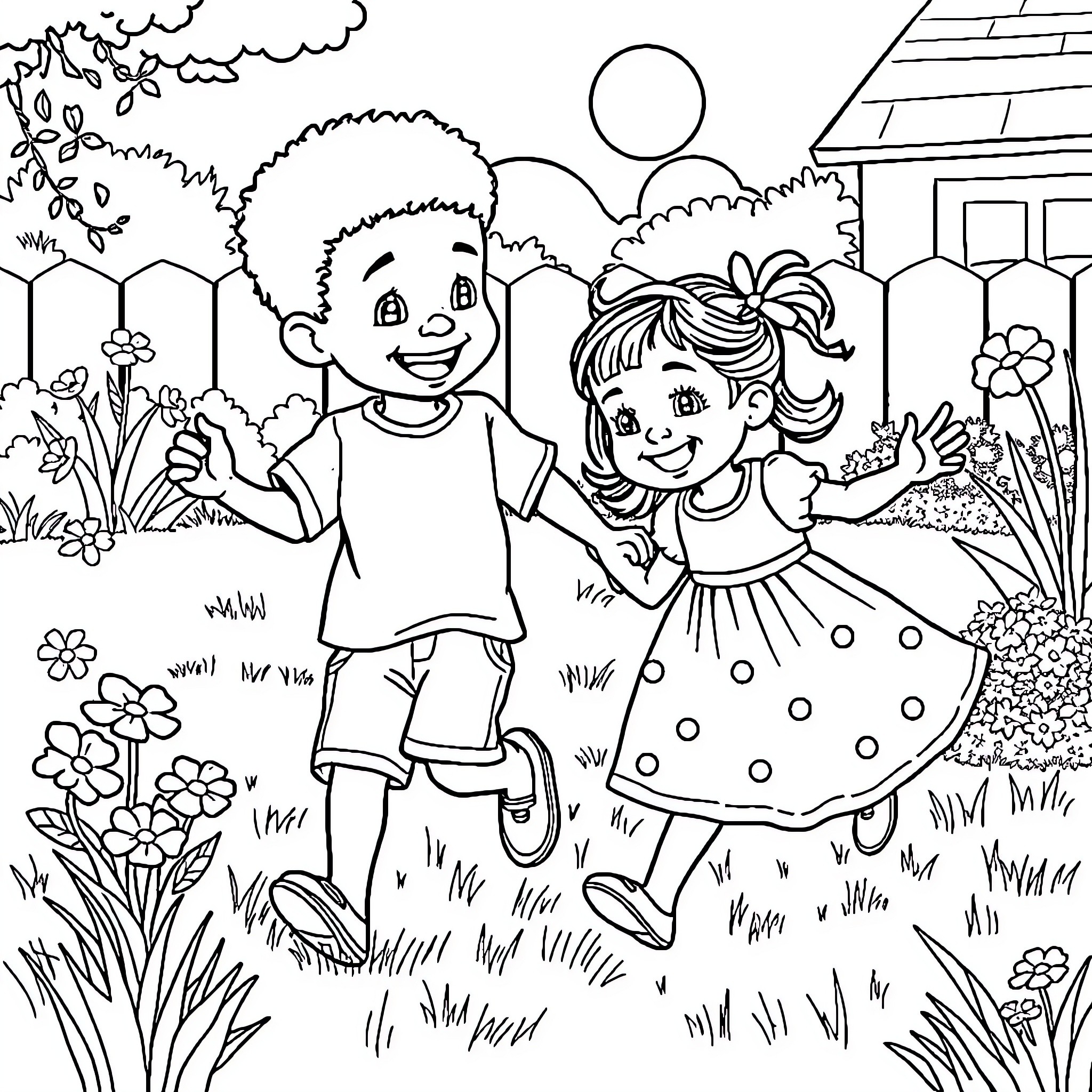 Child playing joyfully in a garden Coloring Page (free black-and-white line drawing printable PDF for all, from beginners to advanced learners, including children, teens, adults, and seniors)