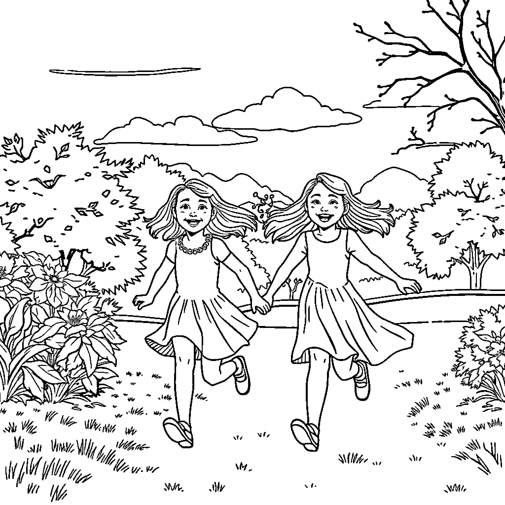 Sisters playing happily in the park Coloring Page (free black-and-white line drawing printable PDF for all, from beginners to advanced learners, including children, teens, adults, and seniors)