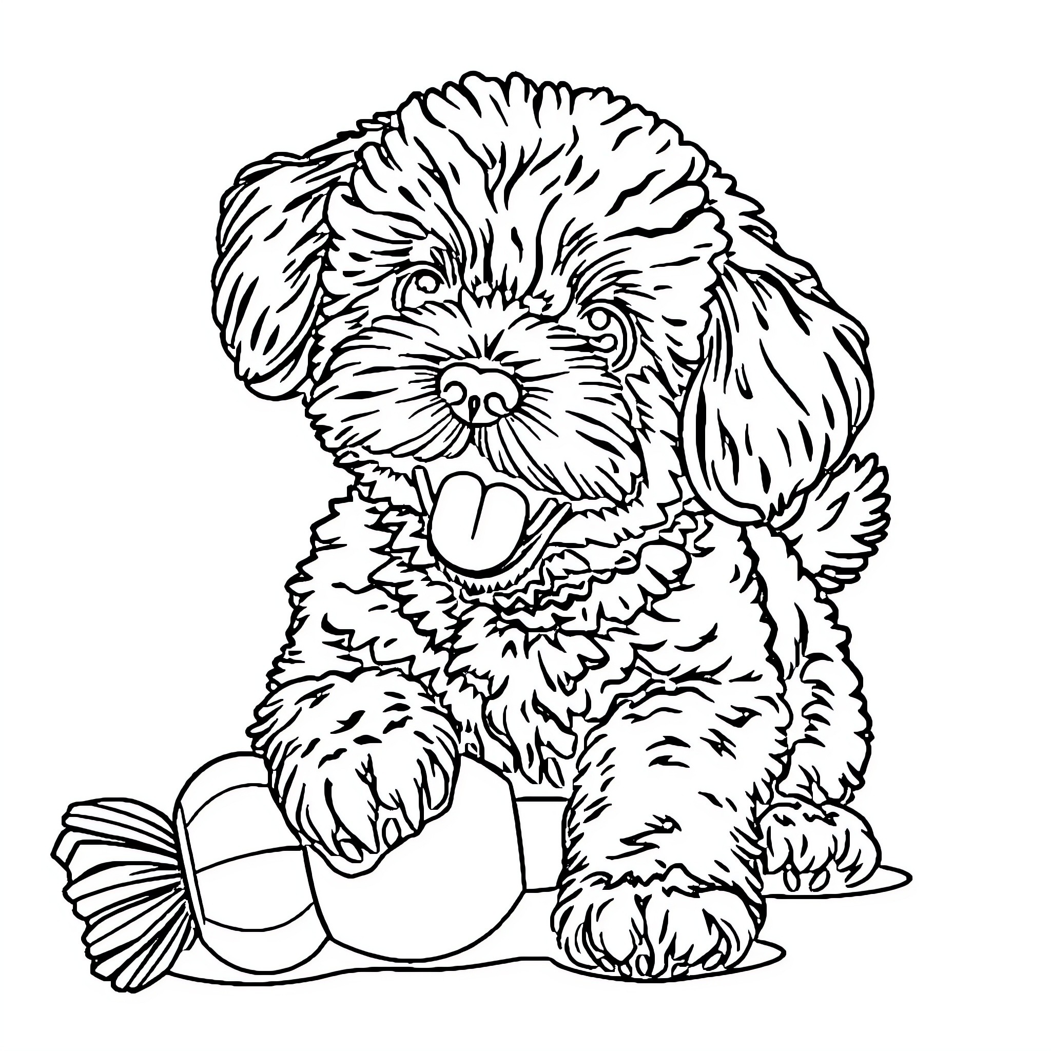 Poodle puppy playing with toy Coloring Page (free black-and-white line drawing printable PDF for all, from beginners to advanced learners, including children, teens, adults, and seniors)