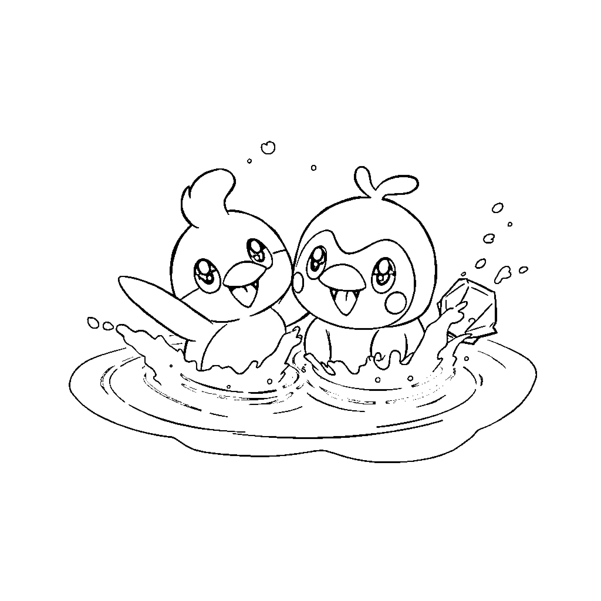 Piplup playing joyfully in the water Coloring Page (free black-and-white line drawing printable PDF for all, from beginners to advanced learners, including children, teens, adults, and seniors)