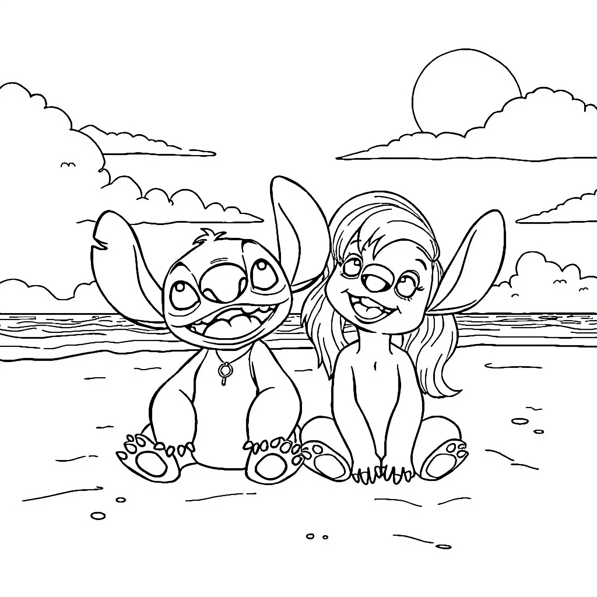 Stitch and fairy enjoying the seaside Coloring Page (free black-and-white line drawing printable PDF for all, from beginners to advanced learners, including children, teens, adults, and seniors)