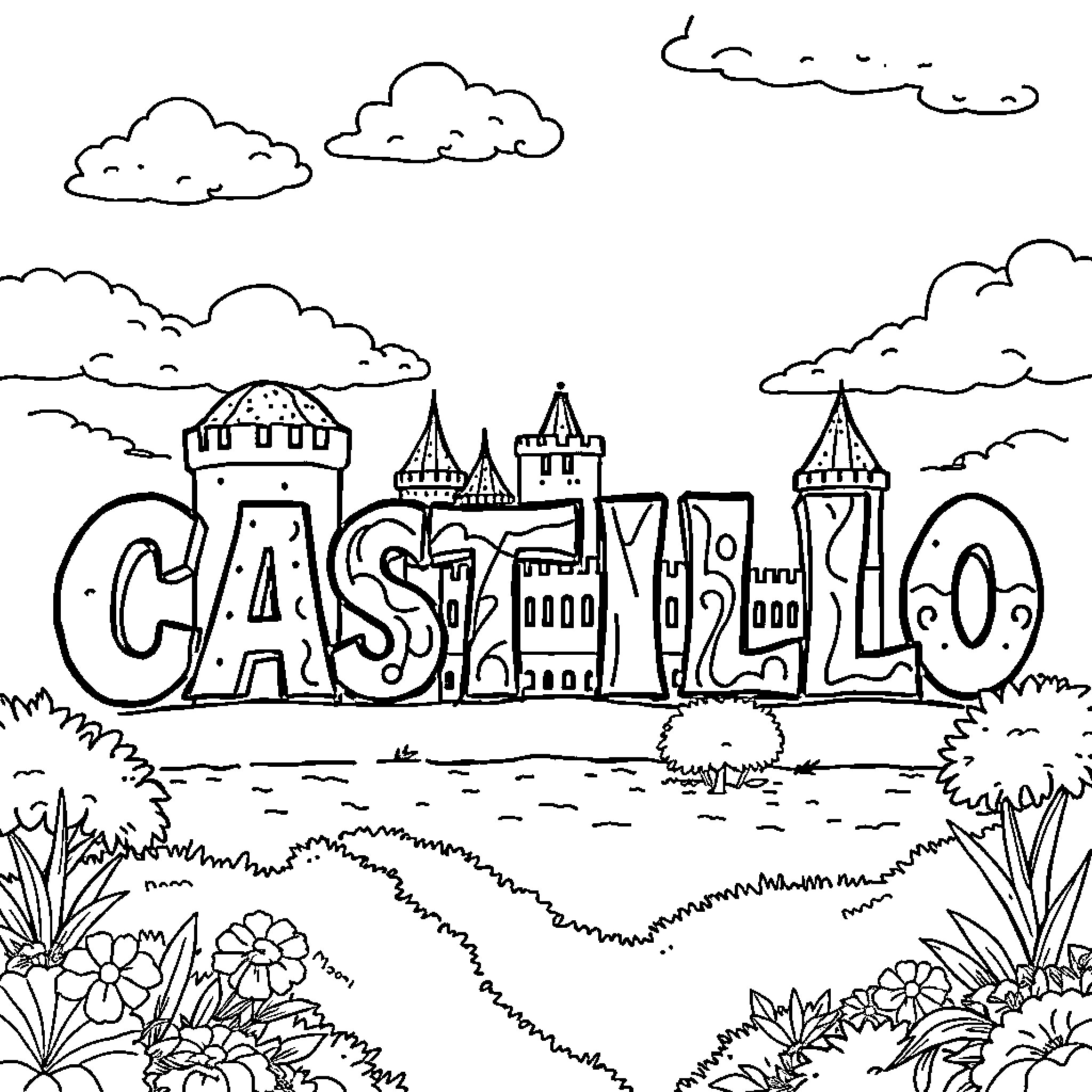 Castillo with whimsical architecture and landscapes Coloring Page (free black-and-white line drawing printable PDF for all, from beginners to advanced learners, including children, teens, adults, and seniors)