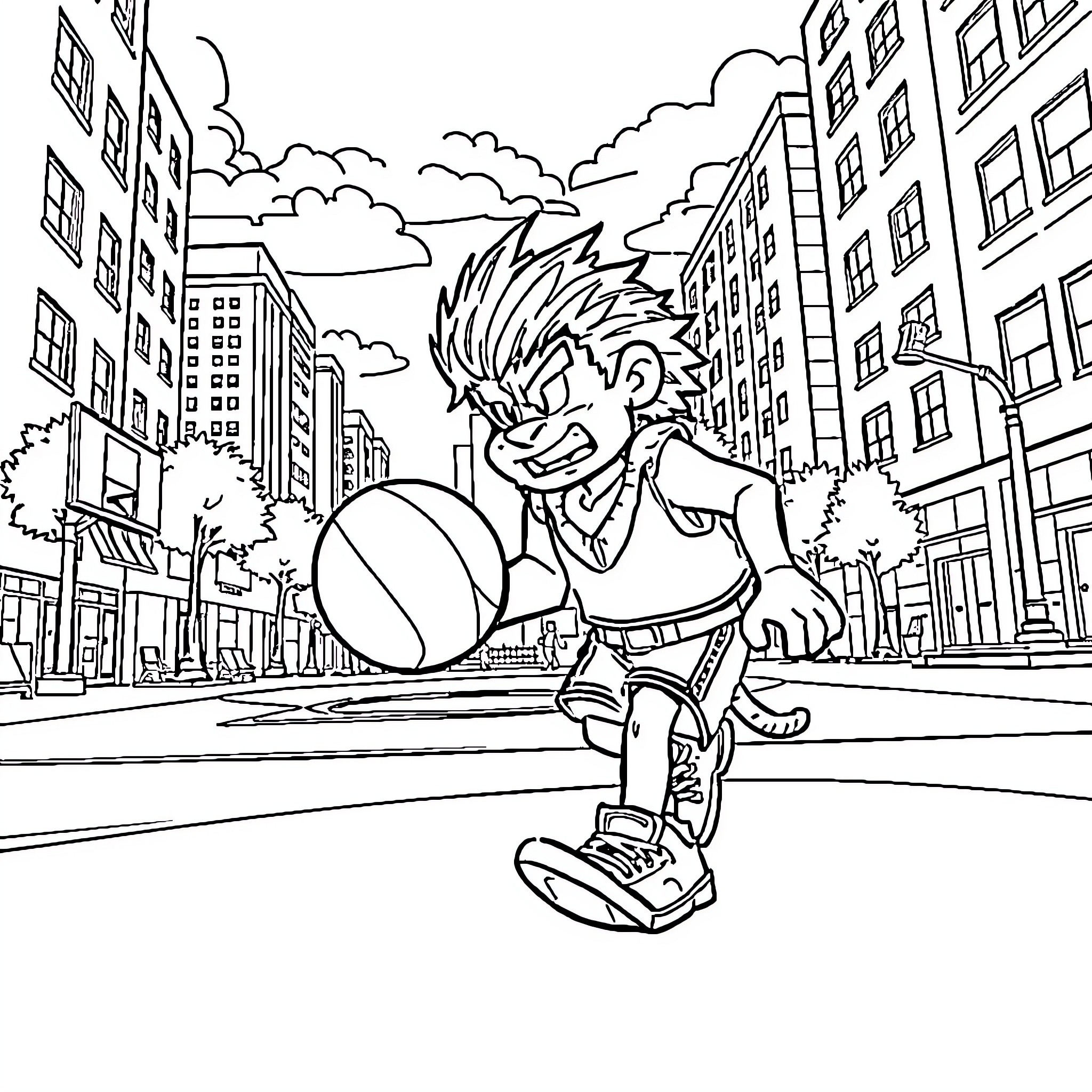 Garmadon playing with a ball in the city Coloring Page (free black-and-white line drawing printable PDF for all, from beginners to advanced learners, including children, teens, adults, and seniors)