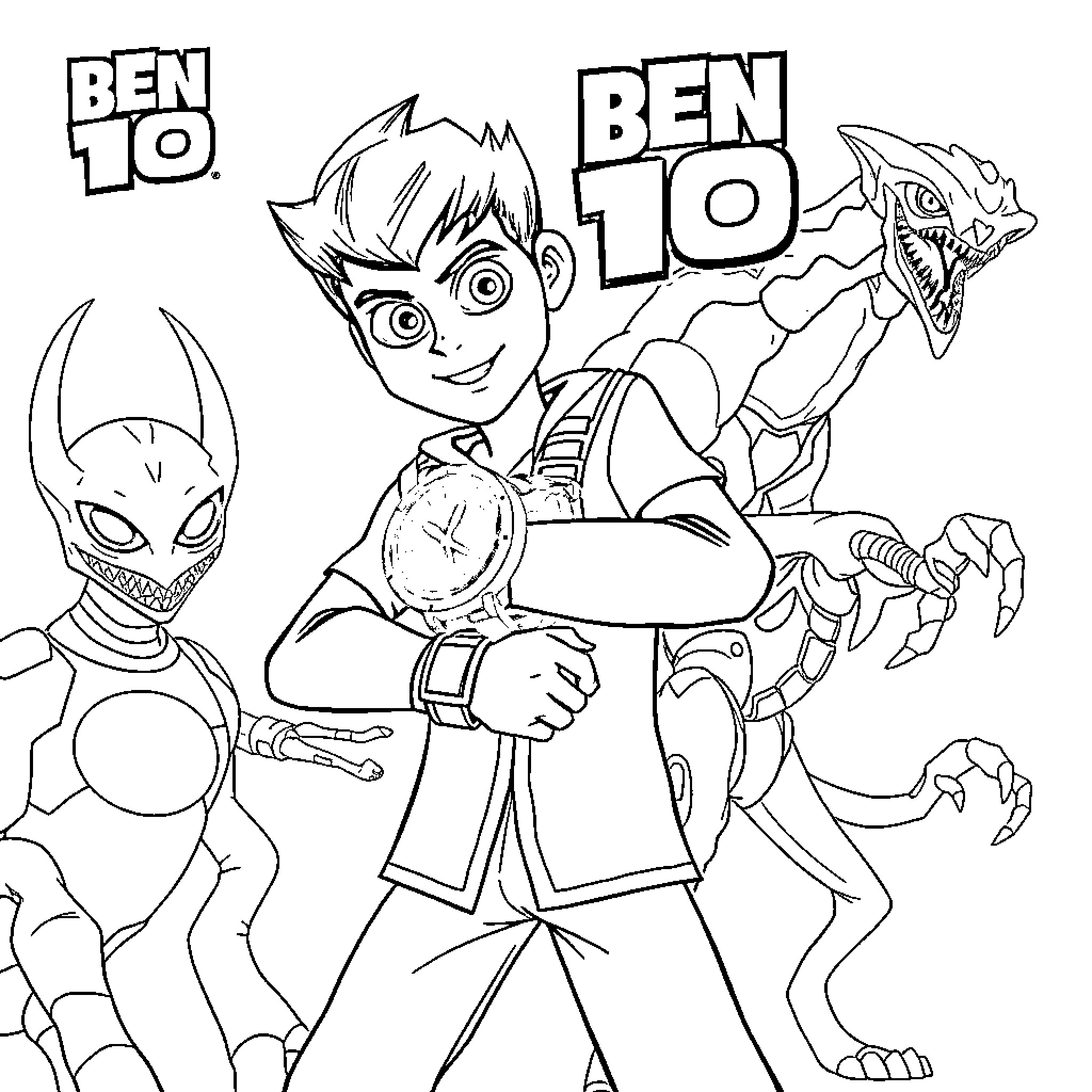 Ben 10 in Action with Alien Creatures Coloring Page (free black-and-white line drawing printable PDF for all, from beginners to advanced learners, including children, teens, adults, and seniors)