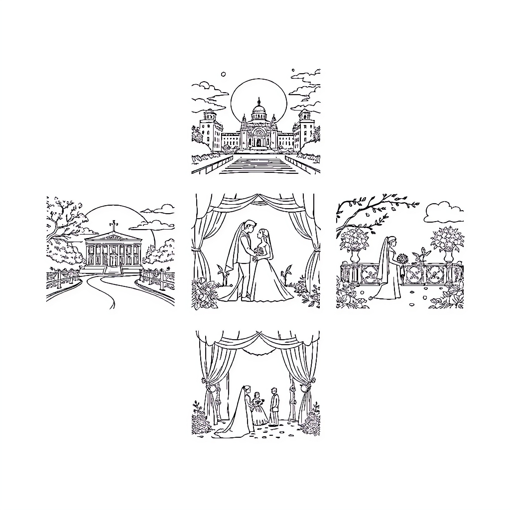 Wedding Ceremony Scenes: Couples, Guests, and Venues Coloring Page (free black-and-white line drawing printable PDF for all, from beginners to advanced learners, including children, teens, adults, and seniors)