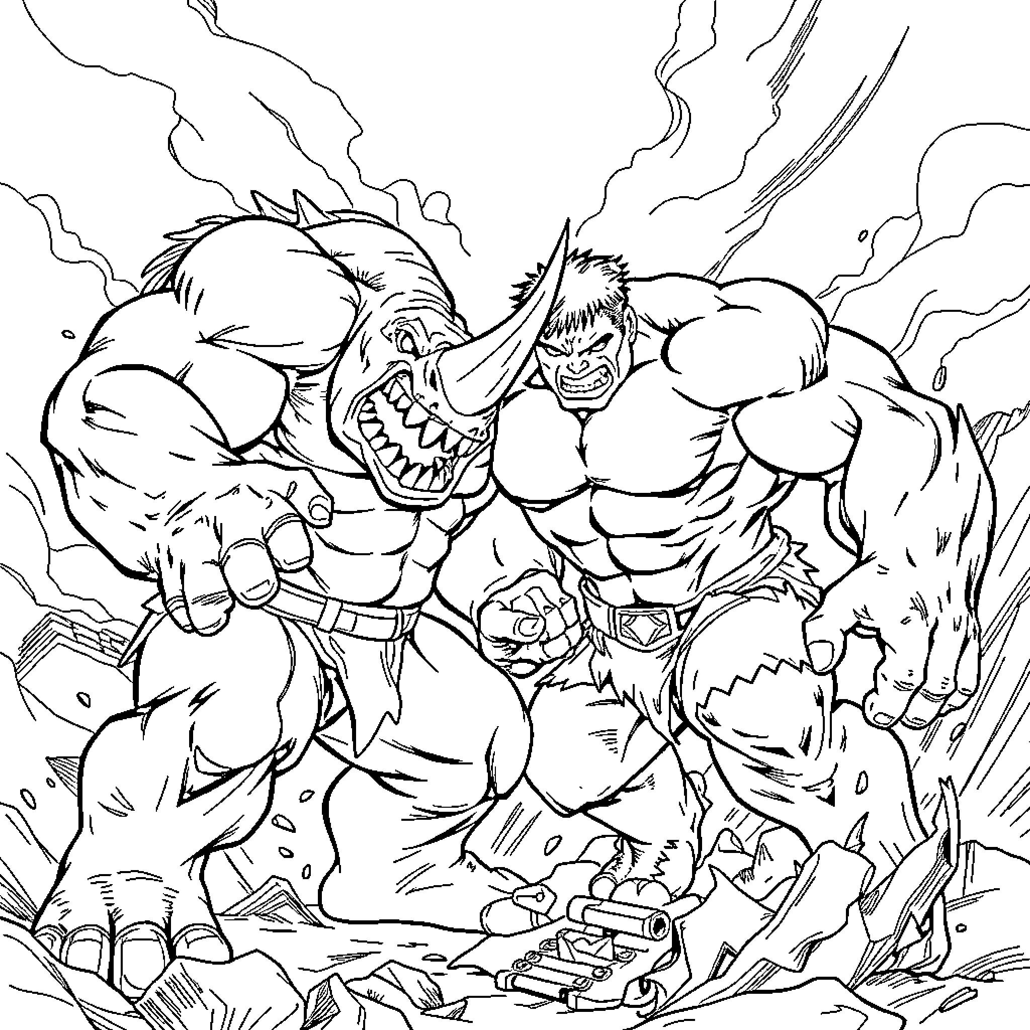 Rhino-like monsters fighting in a chaotic scene Coloring Page (free black-and-white line drawing printable PDF for all, from beginners to advanced learners, including children, teens, adults, and seniors)