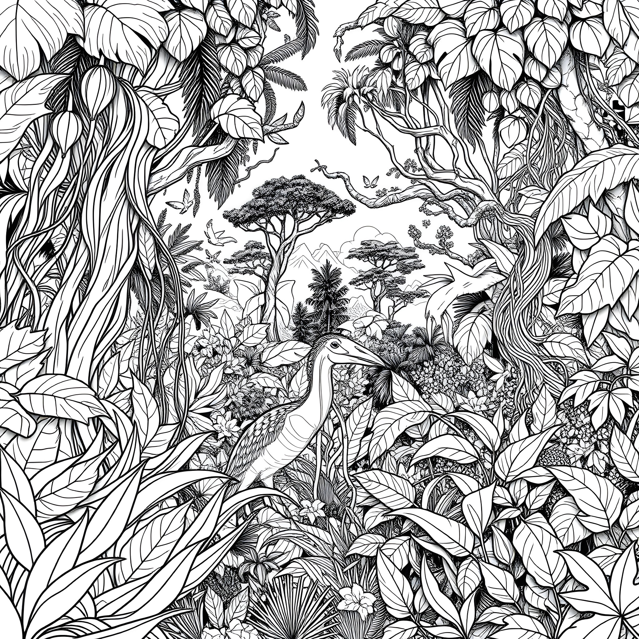 Jungle Creatures Thriving in Lush Foliage Coloring Page (free black-and-white line drawing printable PDF for all, from beginners to advanced learners, including children, teens, adults, and seniors)