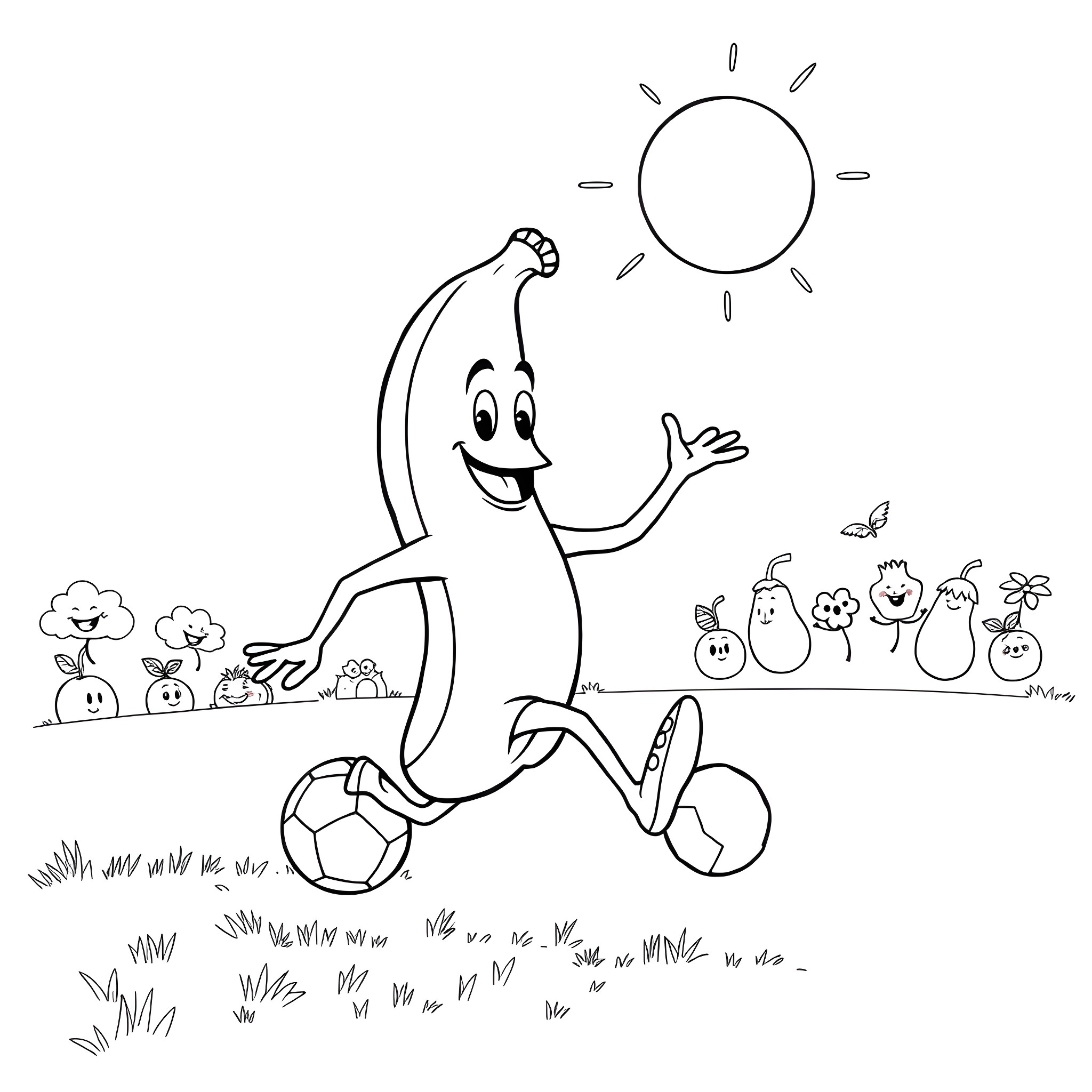 Banana character running happily in the sun Coloring Page (free black-and-white line drawing printable PDF for all, from beginners to advanced learners, including children, teens, adults, and seniors)