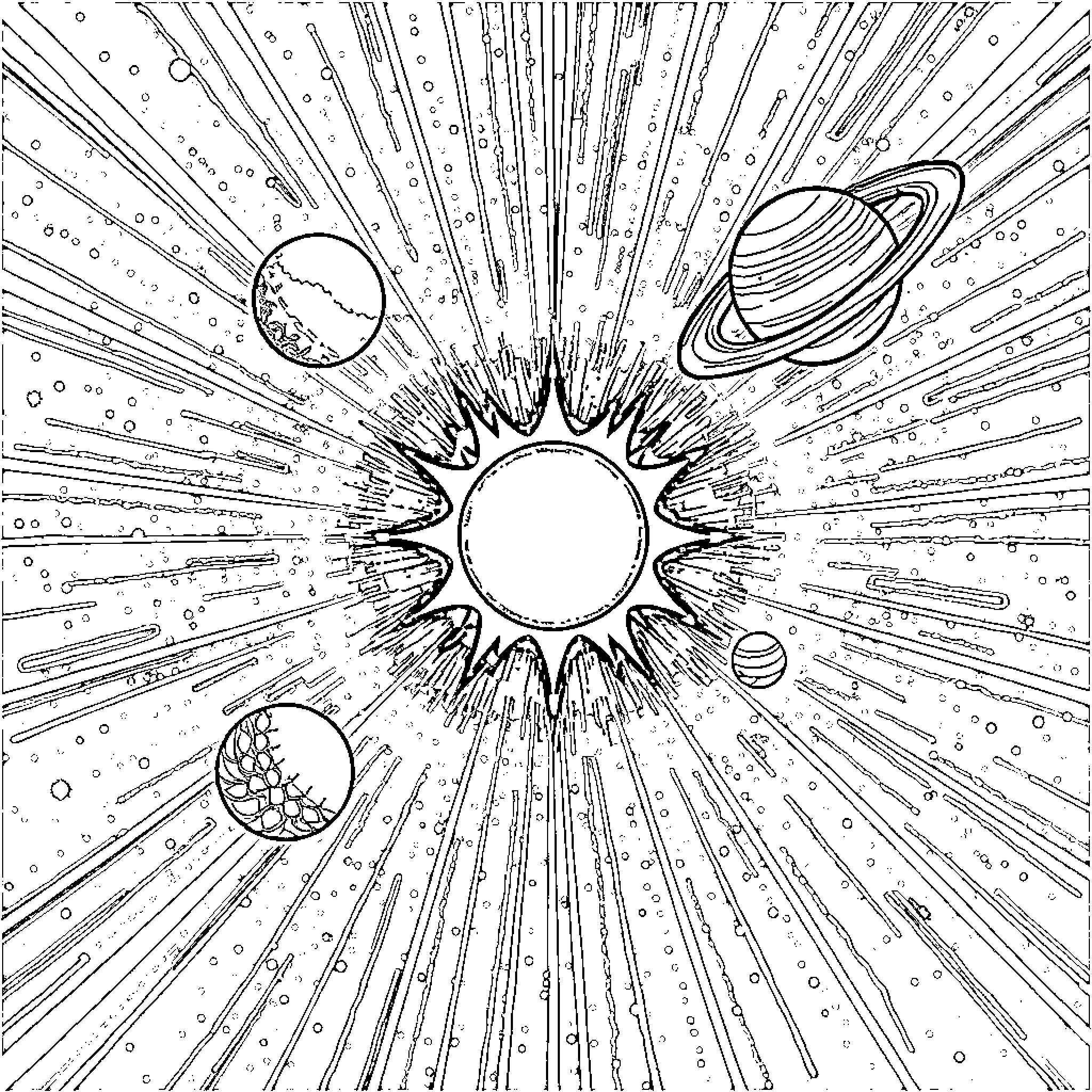 Solar System with Planets and Cosmic Rays Coloring Page (free black-and-white line drawing printable PDF for all, from beginners to advanced learners, including children, teens, adults, and seniors)