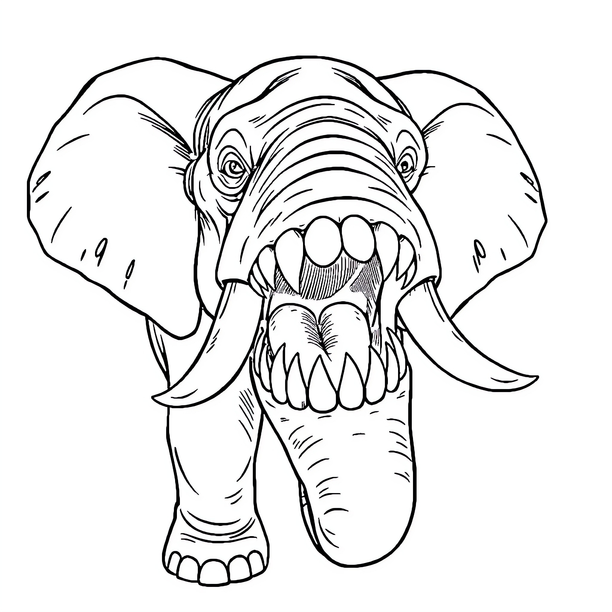 Elephant with Ferocious Expression Coloring Page (free black-and-white line drawing printable PDF for all, from beginners to advanced learners, including children, teens, adults, and seniors)