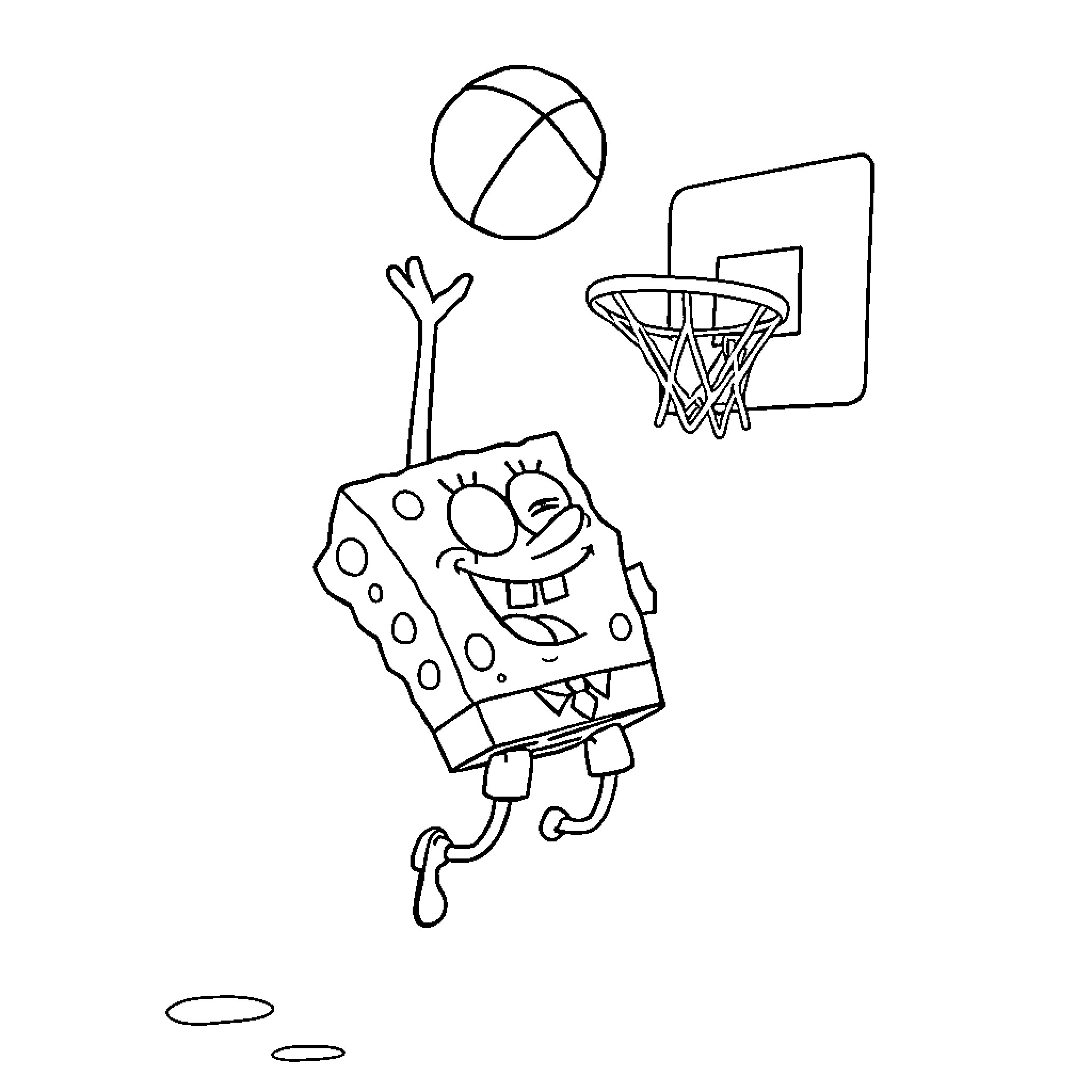 Spongebob playing basketball with excitement Coloring Page (free black-and-white line drawing printable PDF for all, from beginners to advanced learners, including children, teens, adults, and seniors)