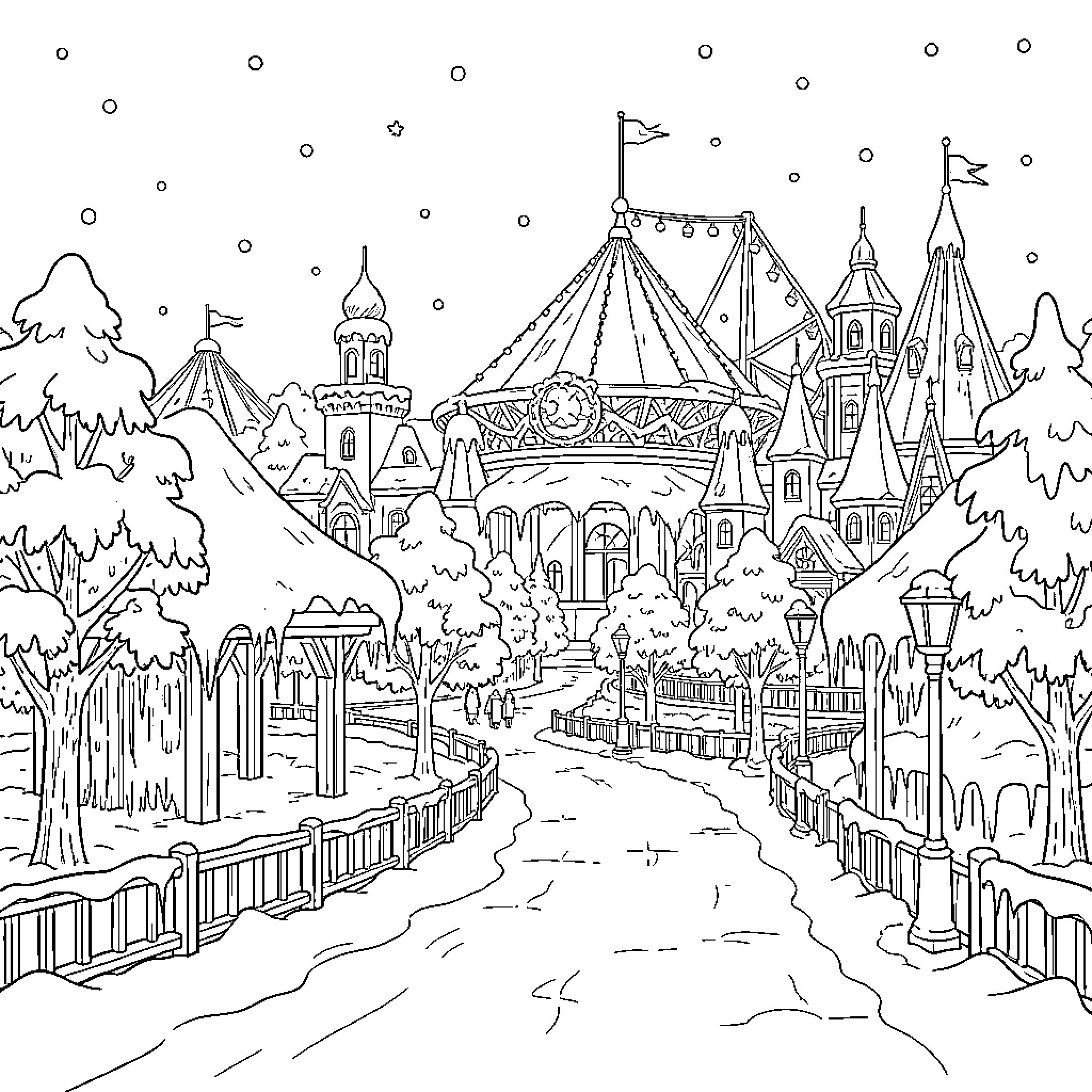 Eurodisney magical castle and themed buildings in a winter scene Coloring Page (free black-and-white line drawing printable PDF for all, from beginners to advanced learners, including children, teens, adults, and seniors)