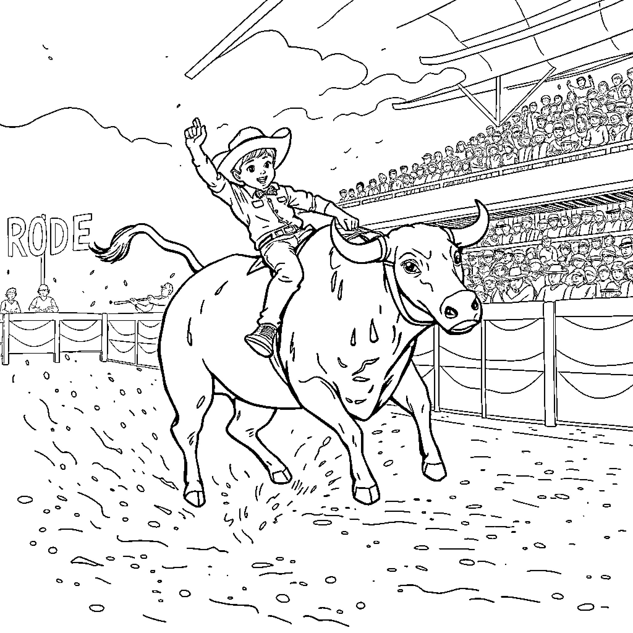 Kid riding excited bull in rodeo arena Coloring Page (free black-and-white line drawing printable PDF for all, from beginners to advanced learners, including children, teens, adults, and seniors)