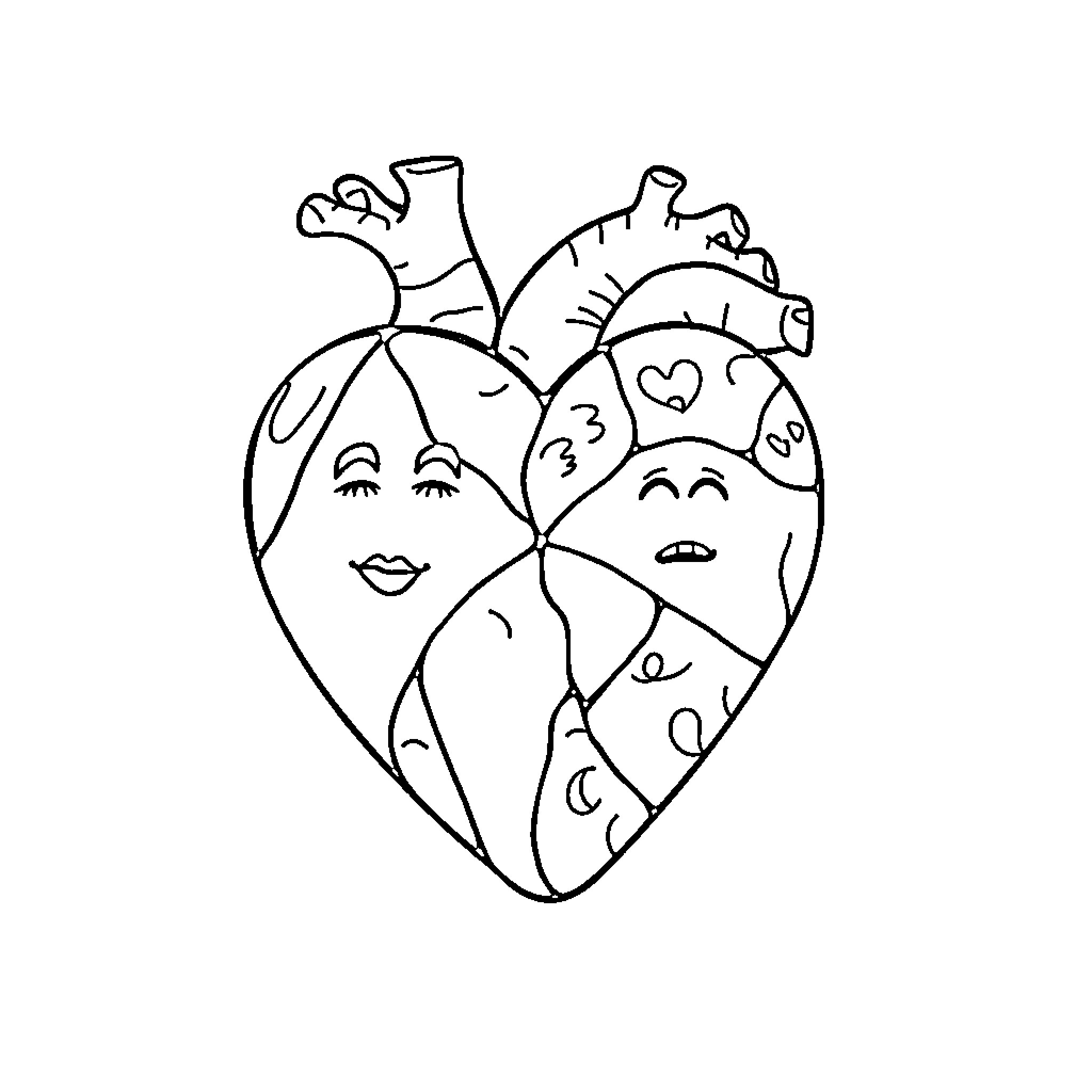Heart-Shaped Faces with Expressive Emotions Coloring Page (free black-and-white line drawing printable PDF for all, from beginners to advanced learners, including children, teens, adults, and seniors)