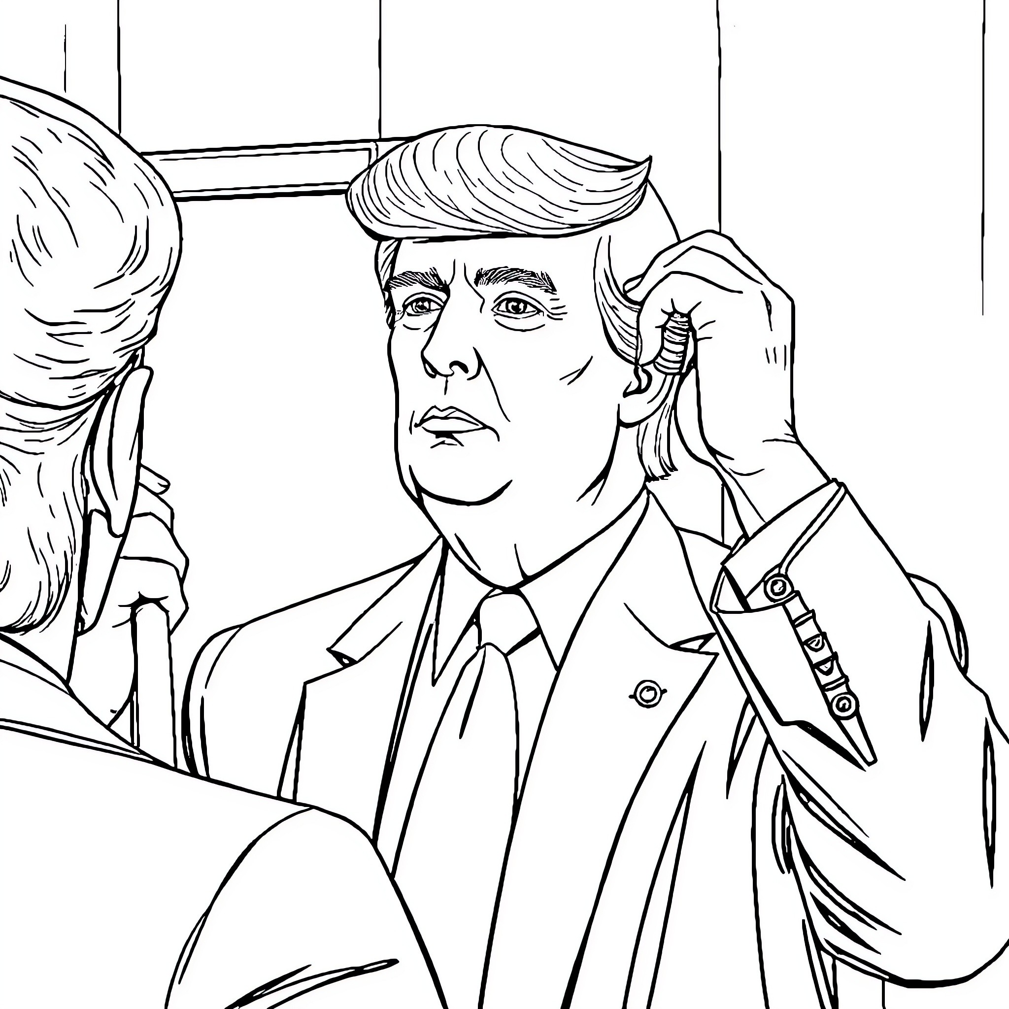 Donald Trump gesturing passionately in a formal suit Coloring Page (free black-and-white line drawing printable PDF for all, from beginners to advanced learners, including children, teens, adults, and seniors)