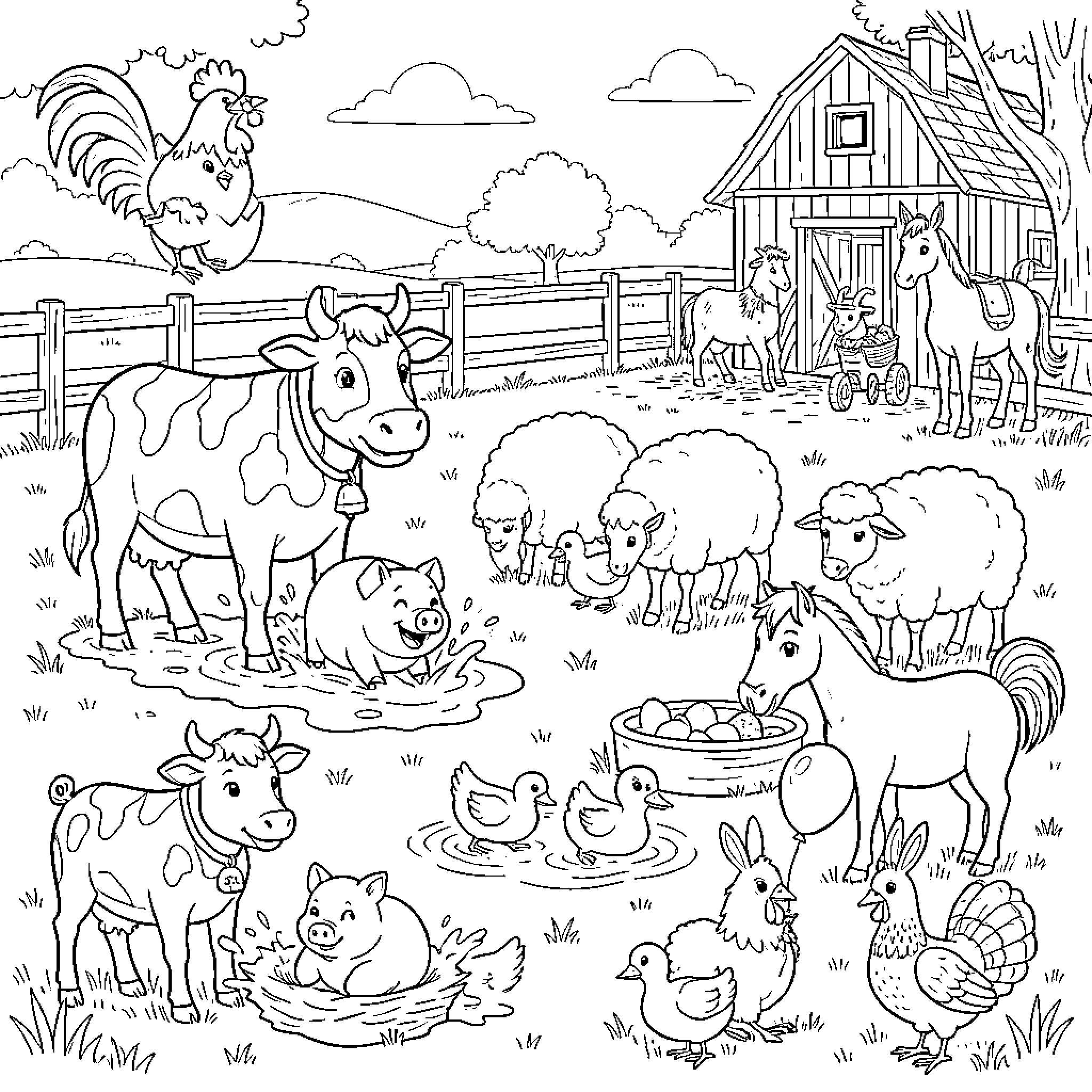 Farm Animal friends enjoying a day on the farm Coloring Page (free black-and-white line drawing printable PDF for all, from beginners to advanced learners, including children, teens, adults, and seniors)