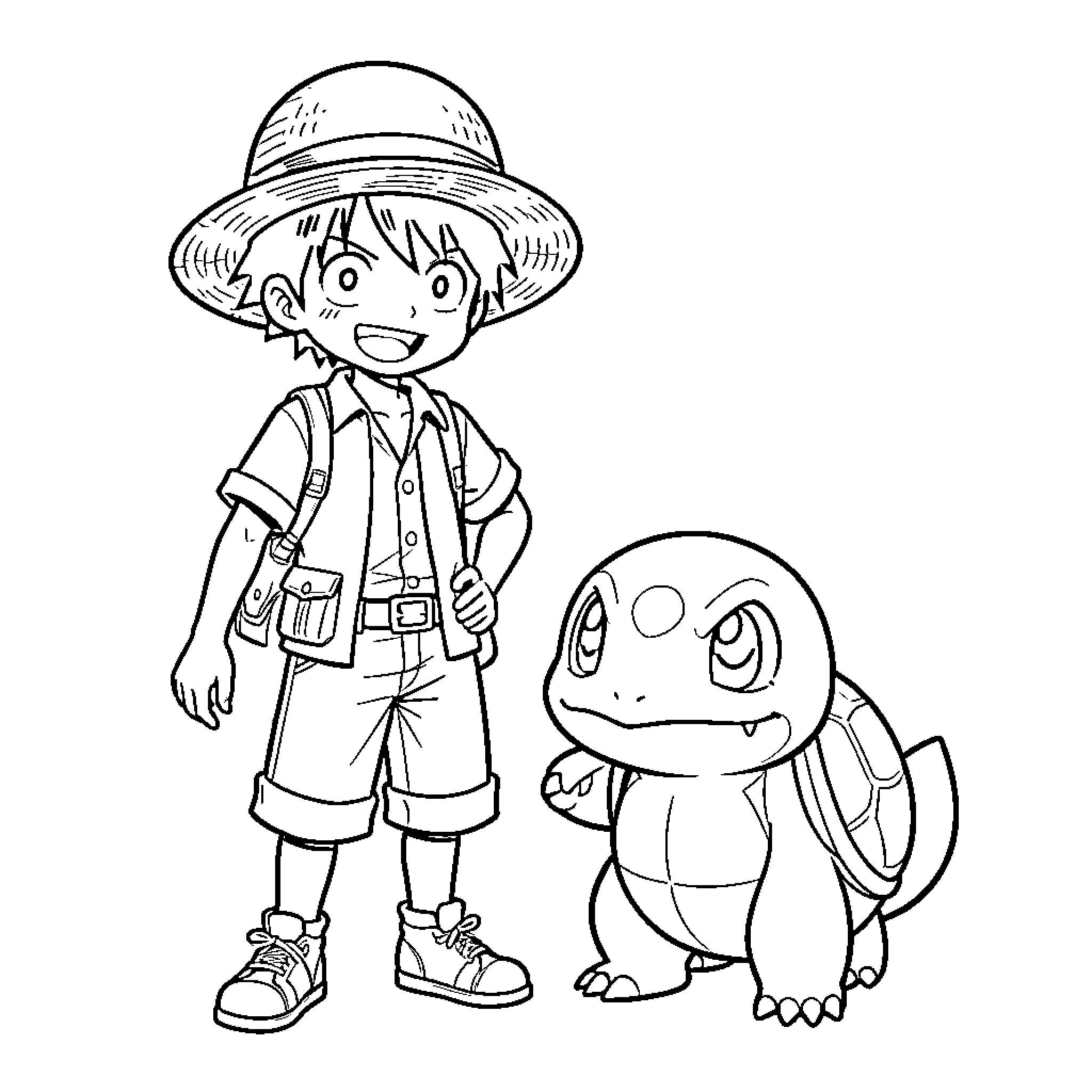 Usopp standing confidently with a small turtle creature Coloring Page (free black-and-white line drawing printable PDF for all, from beginners to advanced learners, including children, teens, adults, and seniors)