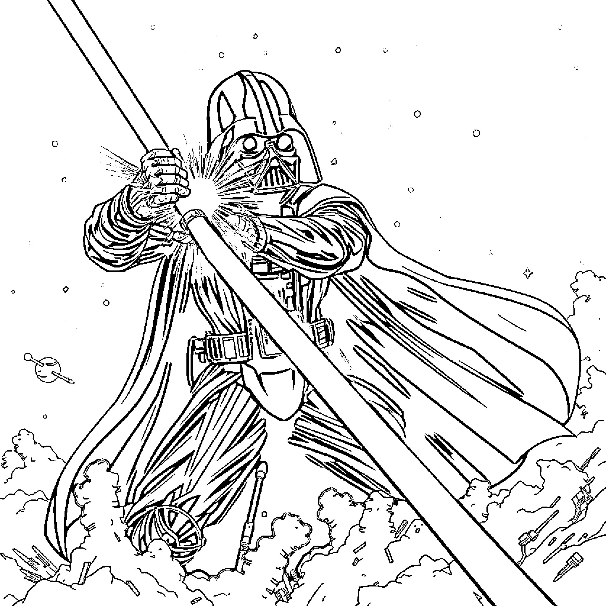 Darth Vader wields his iconic lightsaber amidst cosmic forces Coloring Page (free black-and-white line drawing printable PDF for all, from beginners to advanced learners, including children, teens, adults, and seniors)