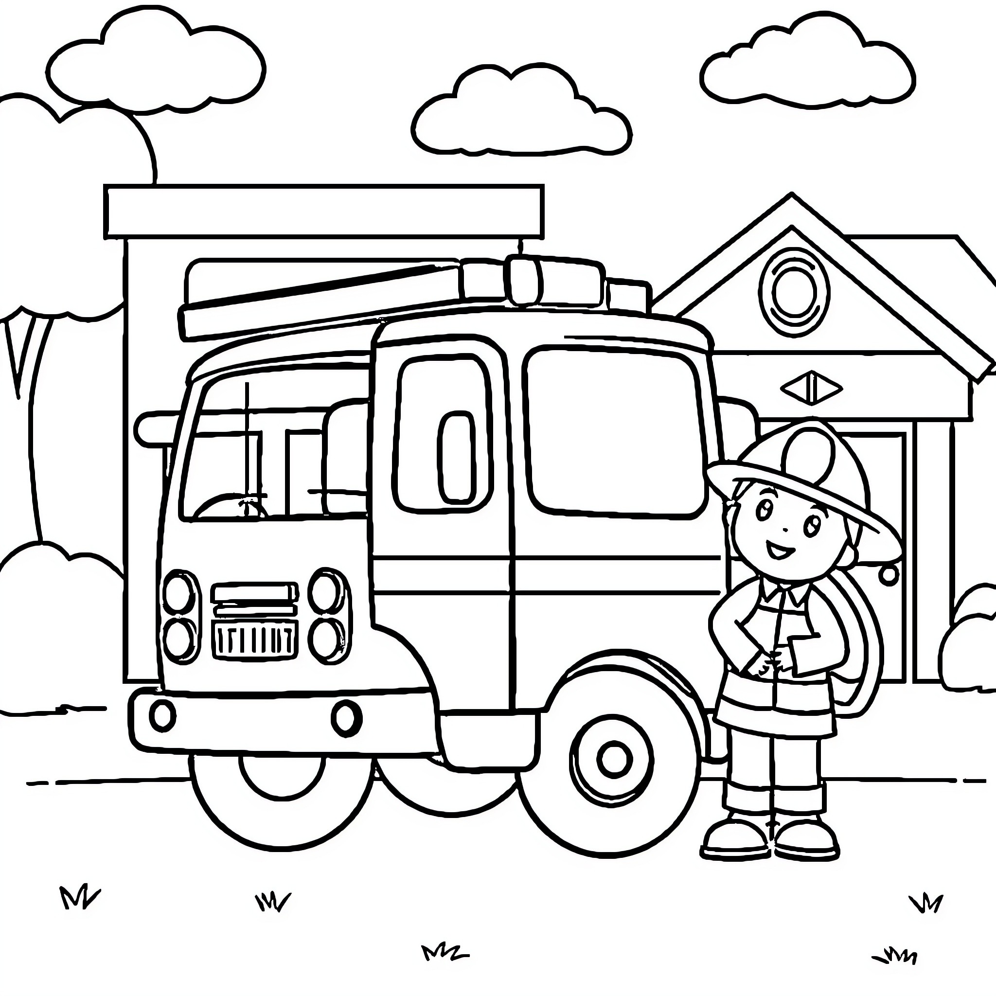 Firefighter responding to an emergency call Coloring Page (free black-and-white line drawing printable PDF for all, from beginners to advanced learners, including children, teens, adults, and seniors)