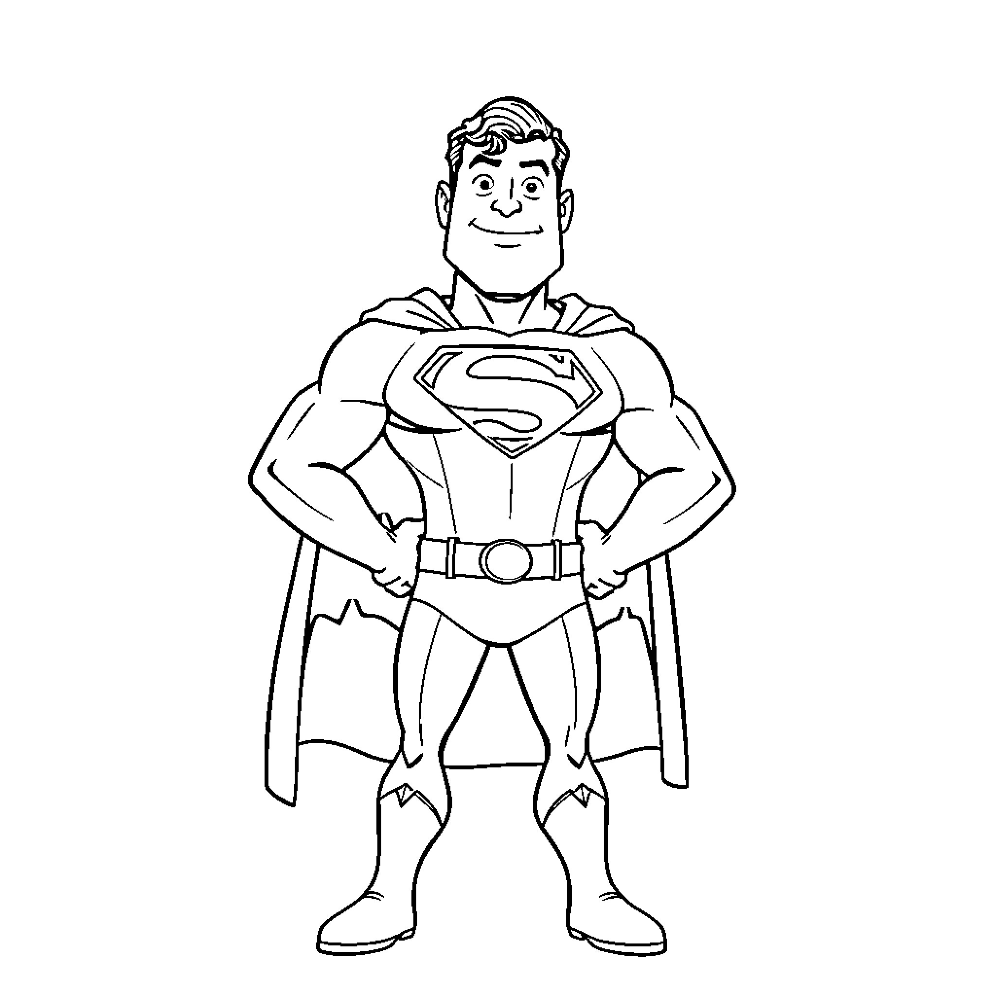 Superman standing proudly in his iconic costume Coloring Page (free black-and-white line drawing printable PDF for all, from beginners to advanced learners, including children, teens, adults, and seniors)