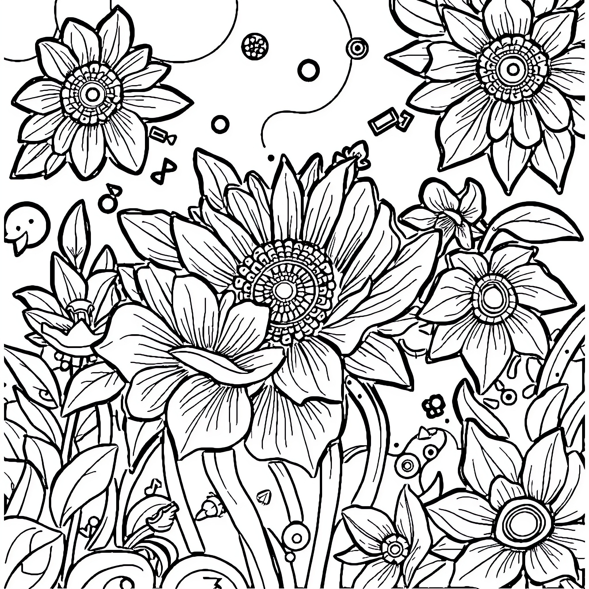 Printable Sunflowers Flourishing in Nature Coloring Page (free black-and-white line drawing printable PDF for all, from beginners to advanced learners, including children, teens, adults, and seniors)