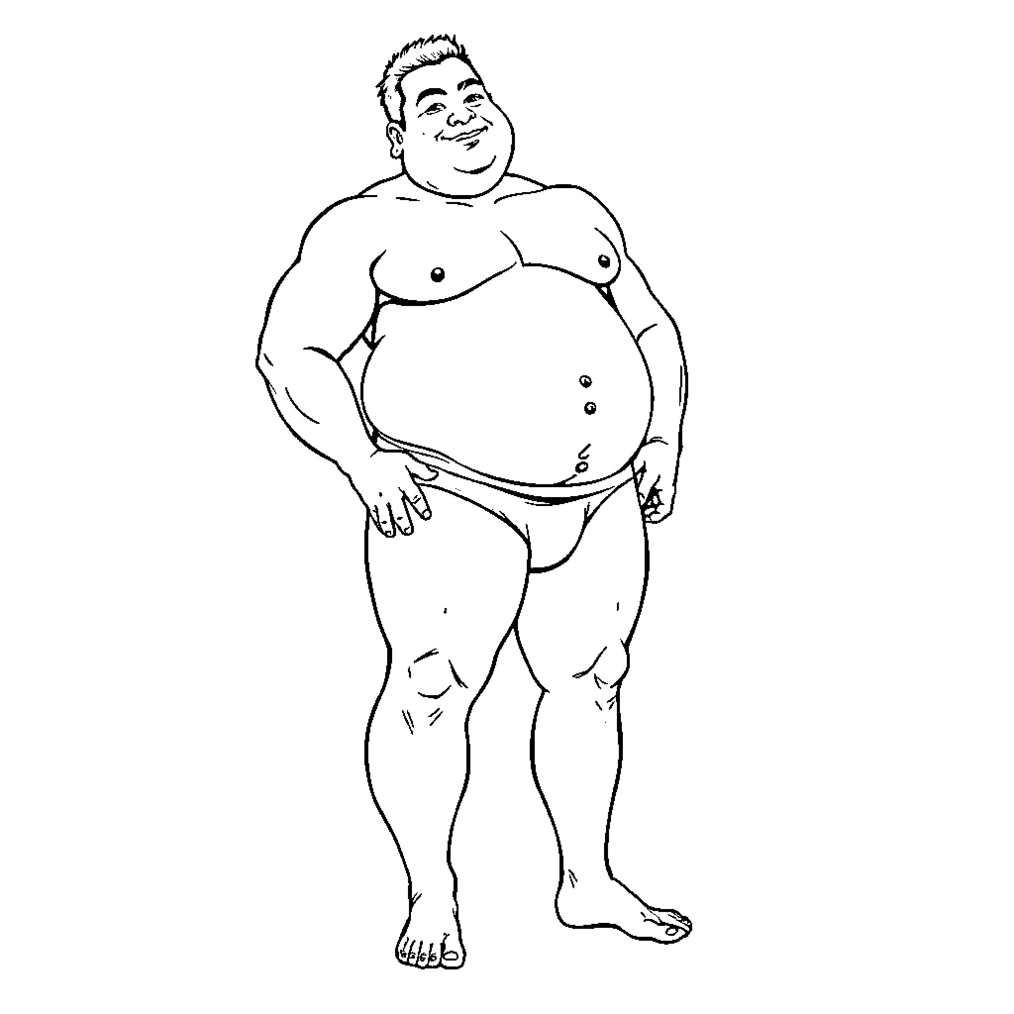 Man with large build in casual pose Coloring Page (free black-and-white line drawing printable PDF for all, from beginners to advanced learners, including children, teens, adults, and seniors)