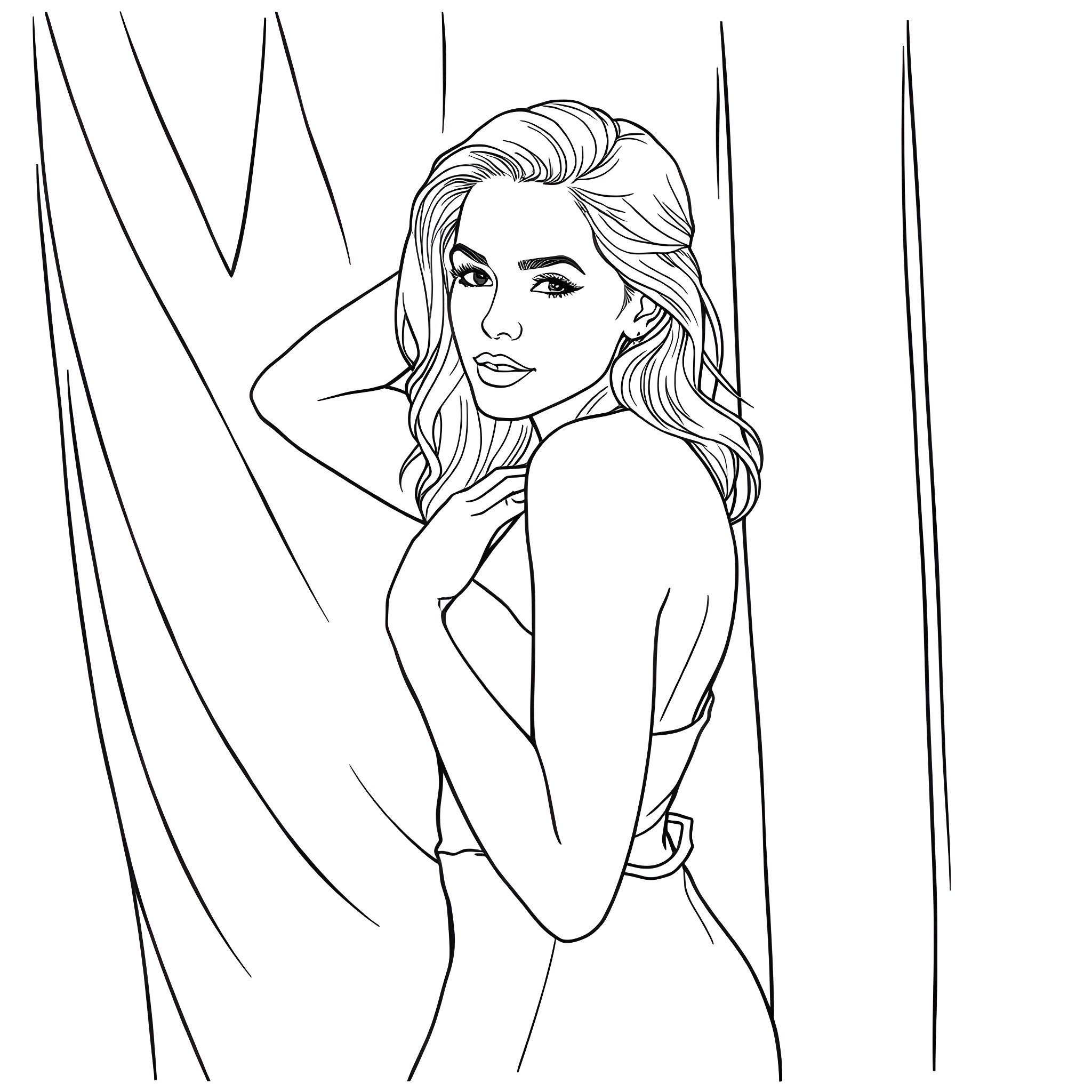 Sydney Sweeney posing confidently in a revealing outfit Coloring Page (free black-and-white line drawing printable PDF for all, from beginners to advanced learners, including children, teens, adults, and seniors)