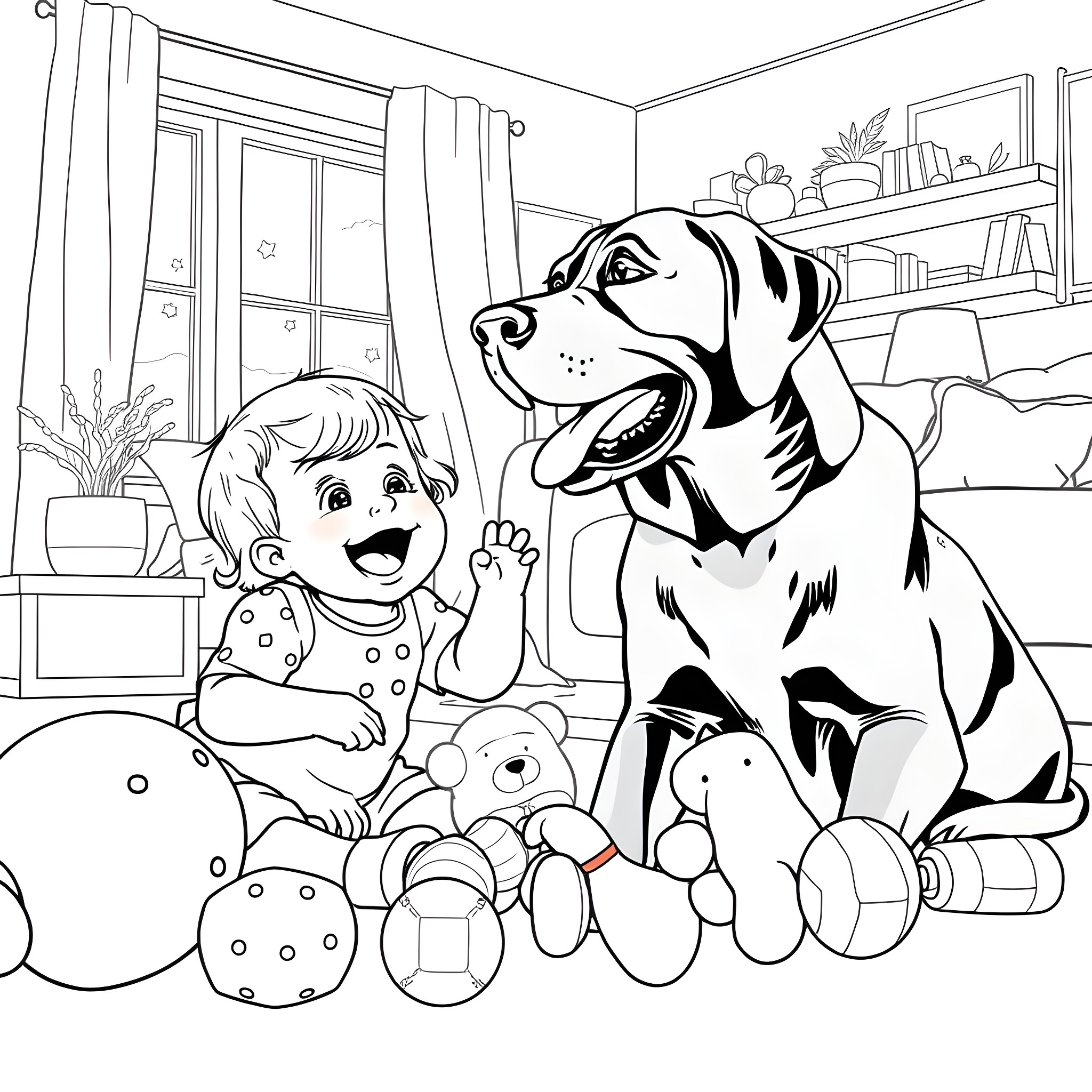 Dog playing with child and toys in room Coloring Page (free black-and-white line drawing printable PDF for all, from beginners to advanced learners, including children, teens, adults, and seniors)