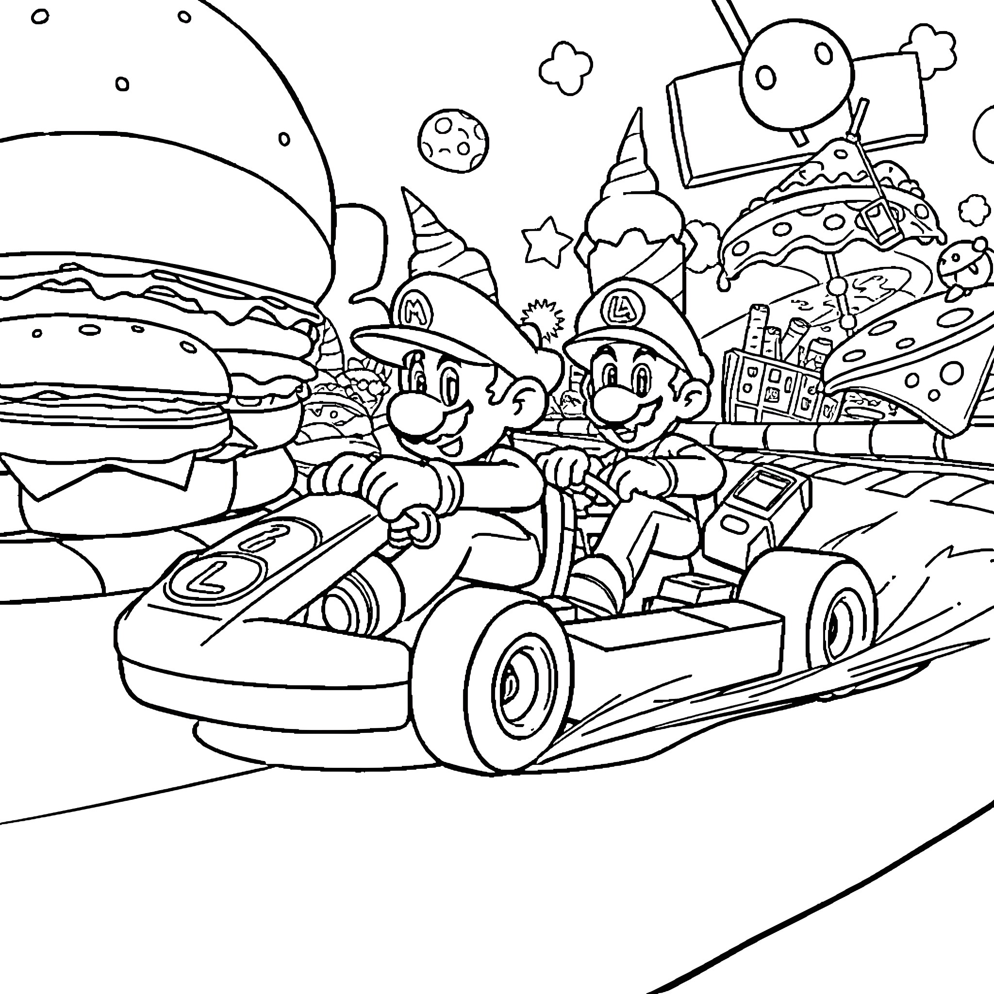 Mario's Zany Karting Adventure in a Whimsical World Coloring Page (free black-and-white line drawing printable PDF for all, from beginners to advanced learners, including children, teens, adults, and seniors)