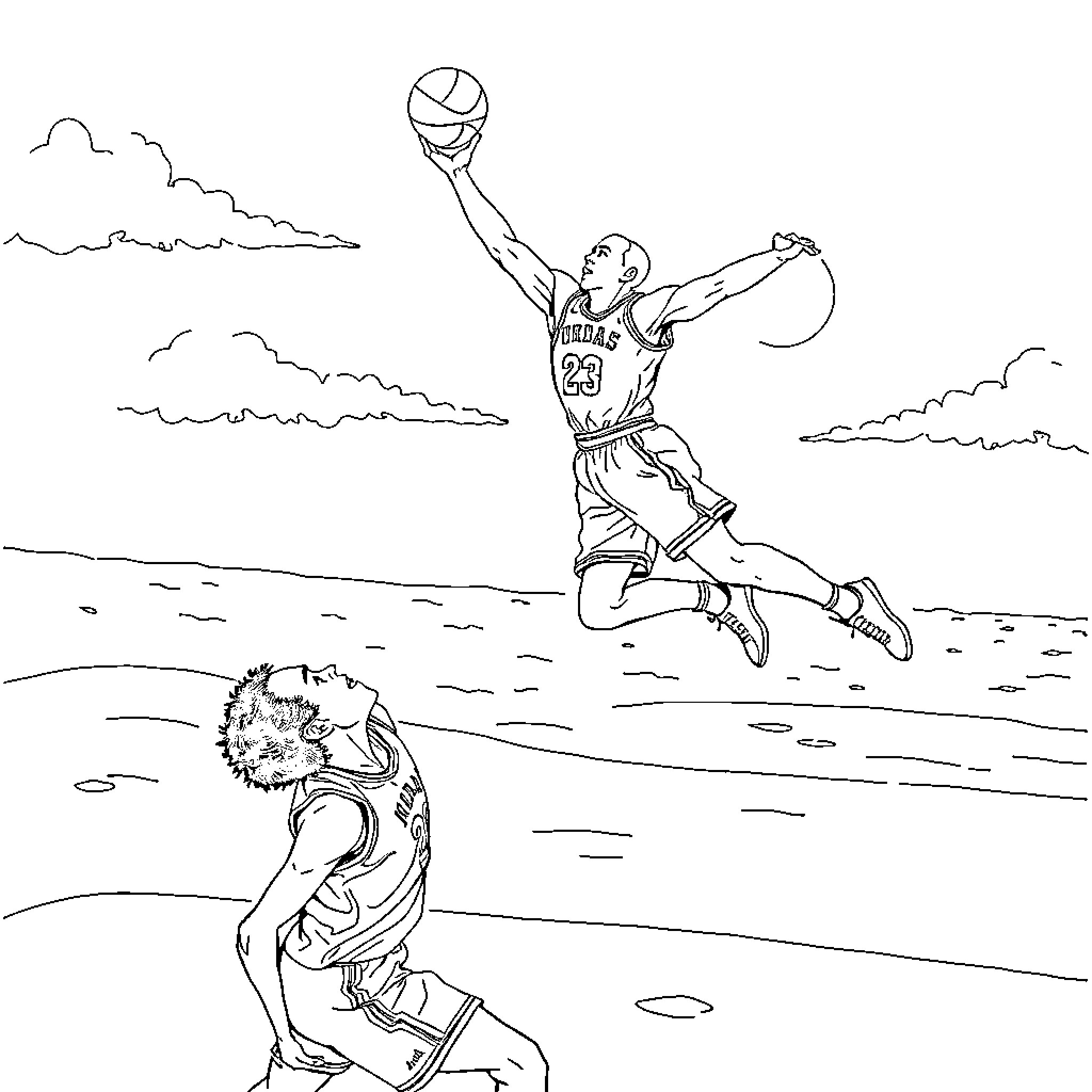 Michael Jordan jumping for a basketball dunk Coloring Page (free black-and-white line drawing printable PDF for all, from beginners to advanced learners, including children, teens, adults, and seniors)