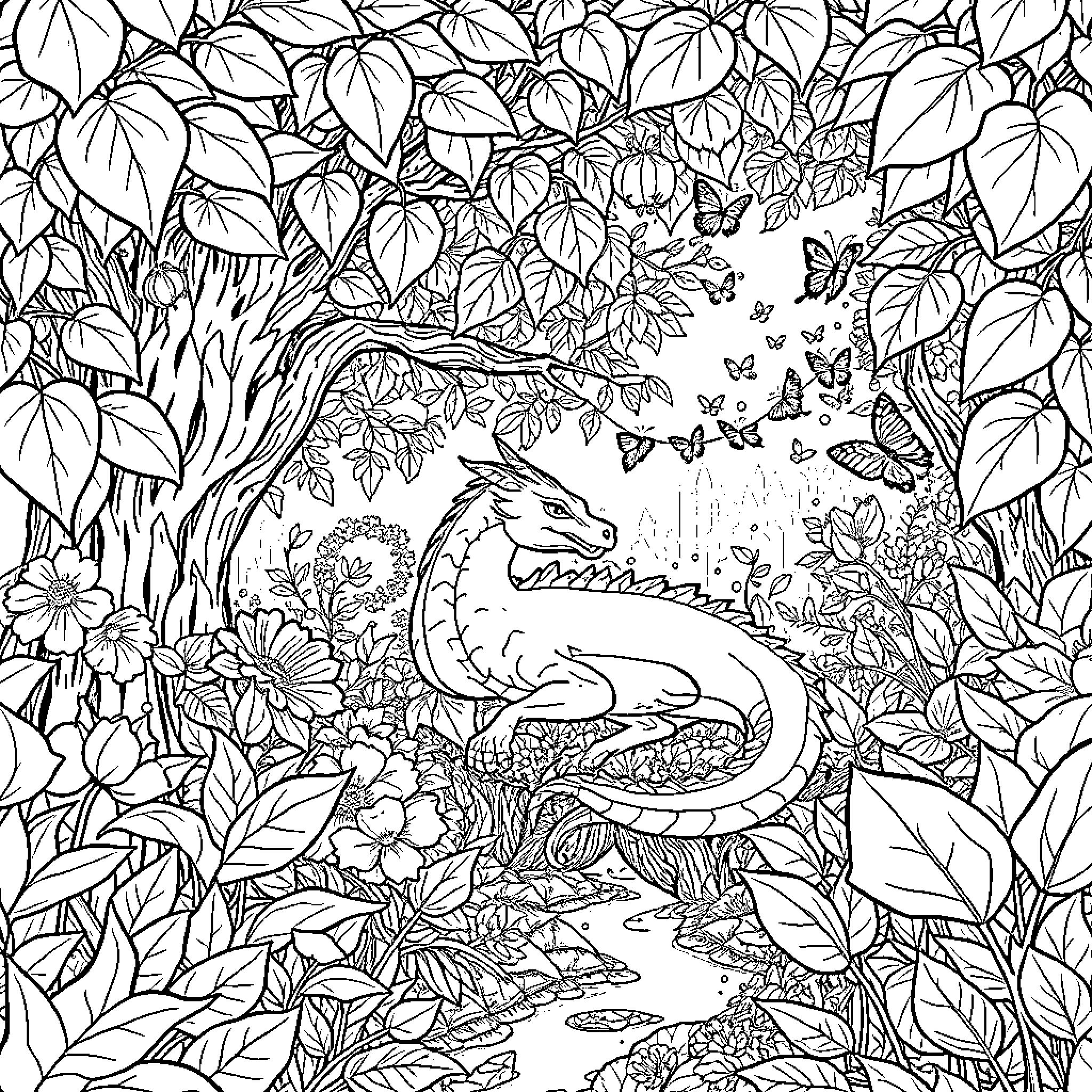 Dragon resting in a magical forest with butterflies Coloring Page (free black-and-white line drawing printable PDF for all, from beginners to advanced learners, including children, teens, adults, and seniors)