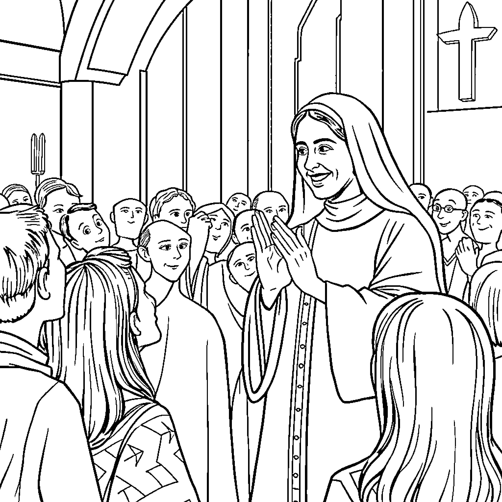 Sister Thea Bowman Teaching and Interacting with a Congregation Coloring Page (free black-and-white line drawing printable PDF for all, from beginners to advanced learners, including children, teens, adults, and seniors)