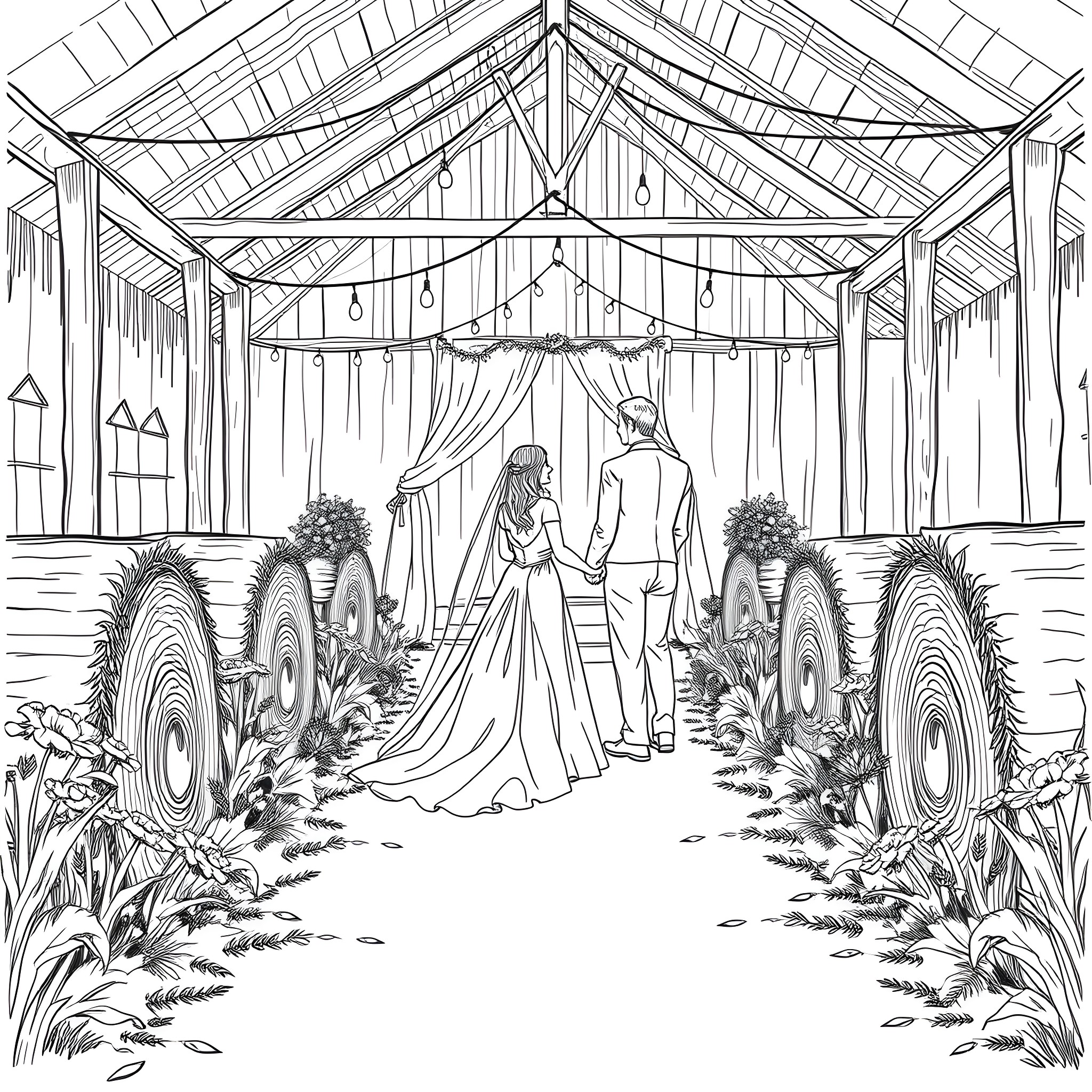 Bride and Groom in Rustic Outdoor Wedding Ceremony Coloring Page (free black-and-white line drawing printable PDF for all, from beginners to advanced learners, including children, teens, adults, and seniors)
