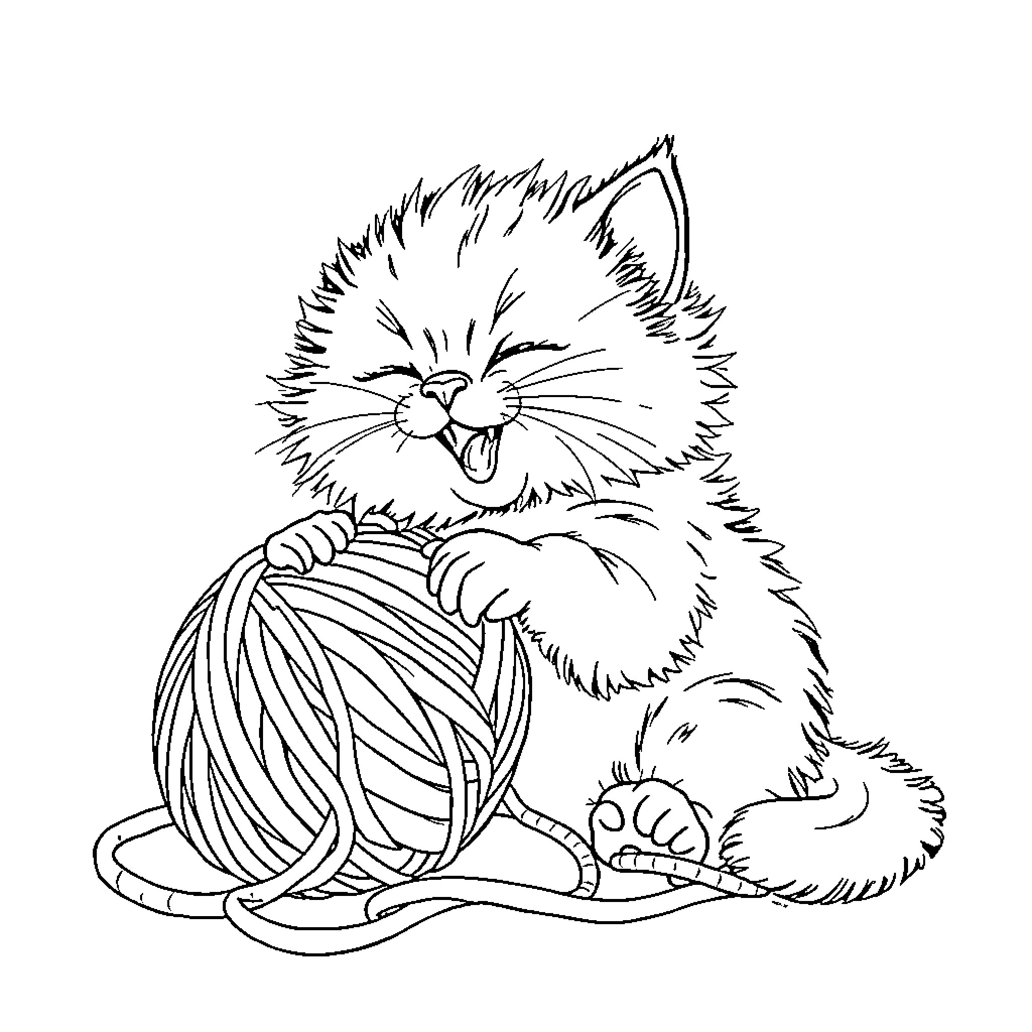 Kitten playing with yarn ball Coloring Page (free black-and-white line drawing printable PDF for all, from beginners to advanced learners, including children, teens, adults, and seniors)