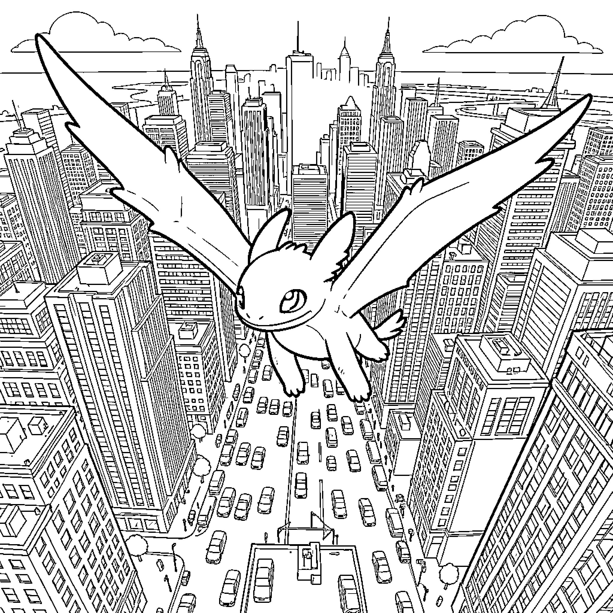 Toothless flying majestically over a busy city skyline Coloring Page (free black-and-white line drawing printable PDF for all, from beginners to advanced learners, including children, teens, adults, and seniors)