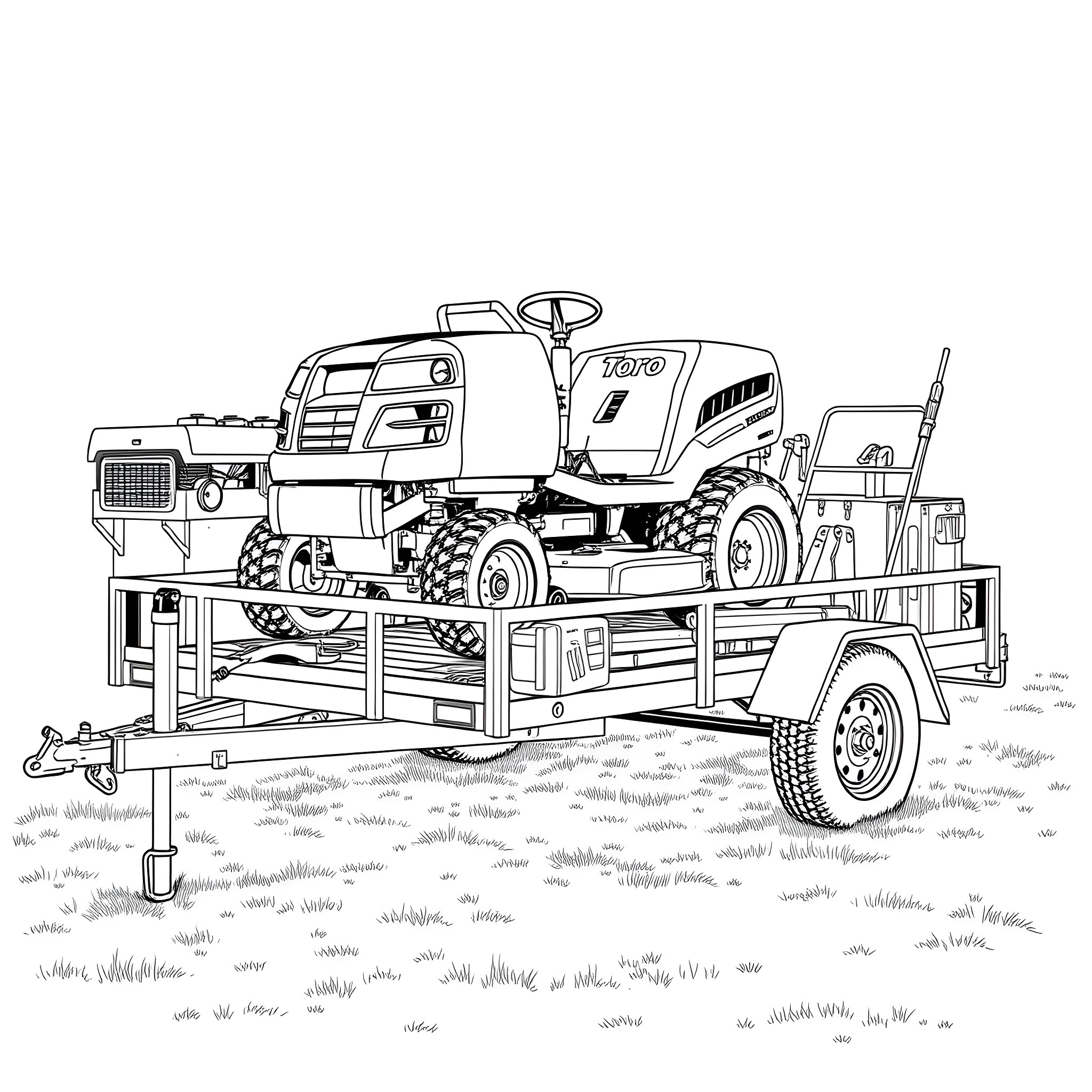 Toro Mower transported on utility trailer Coloring Page (free black-and-white line drawing printable PDF for all, from beginners to advanced learners, including children, teens, adults, and seniors)