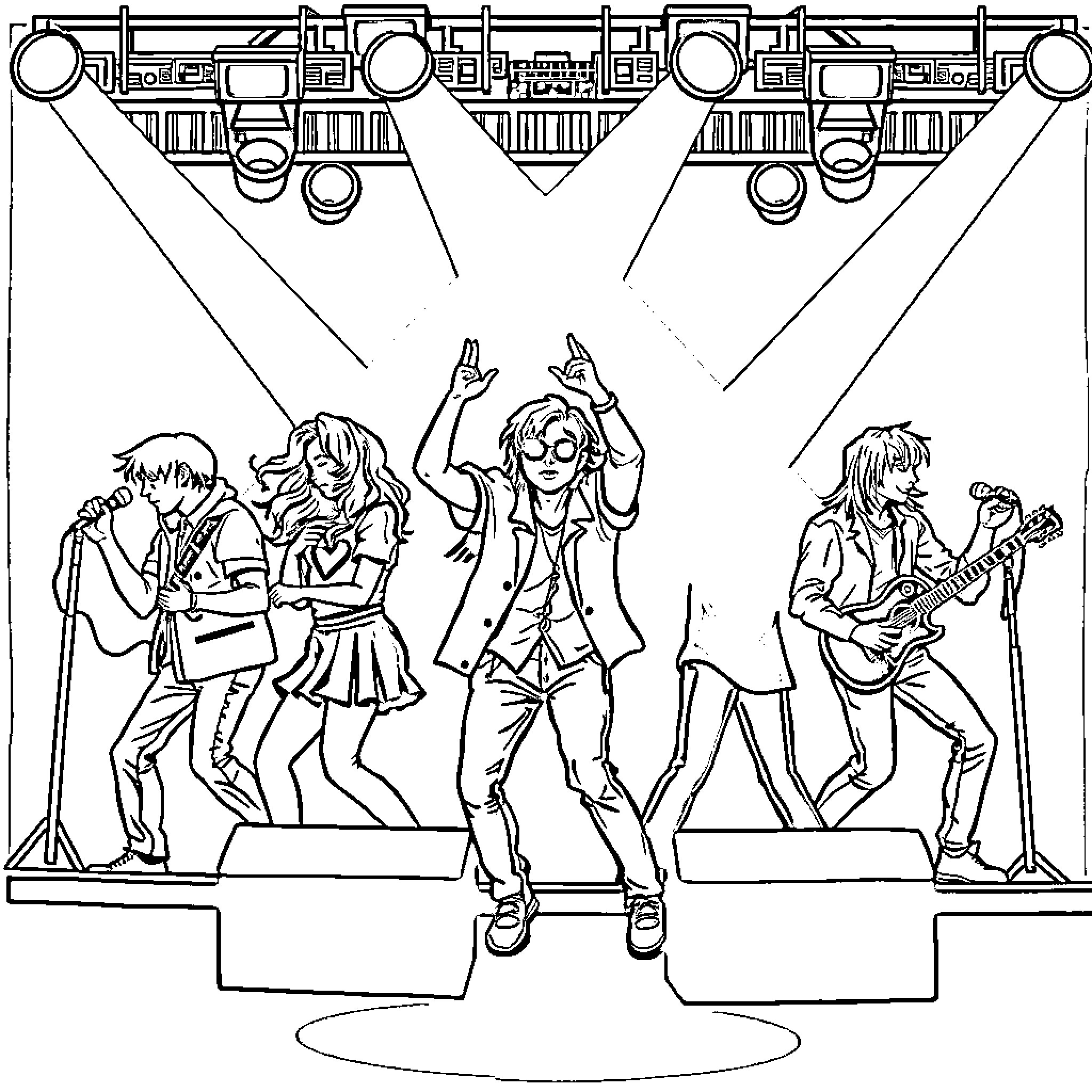 K Pop Band Performing Lively Show on Stage Coloring Page (free black-and-white line drawing printable PDF for all, from beginners to advanced learners, including children, teens, adults, and seniors)