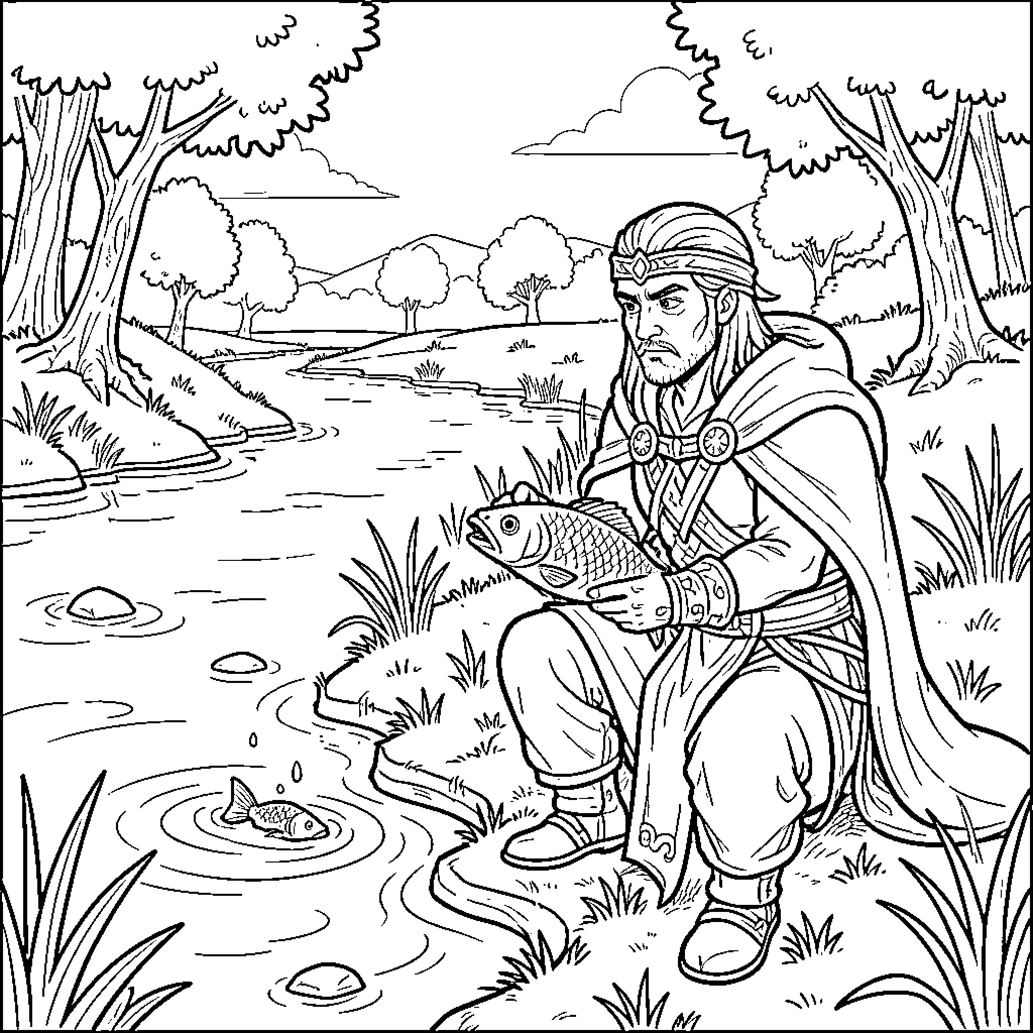 Dominus Rex kneeling by the river holding a fish Coloring Page (free black-and-white line drawing printable PDF for all, from beginners to advanced learners, including children, teens, adults, and seniors)