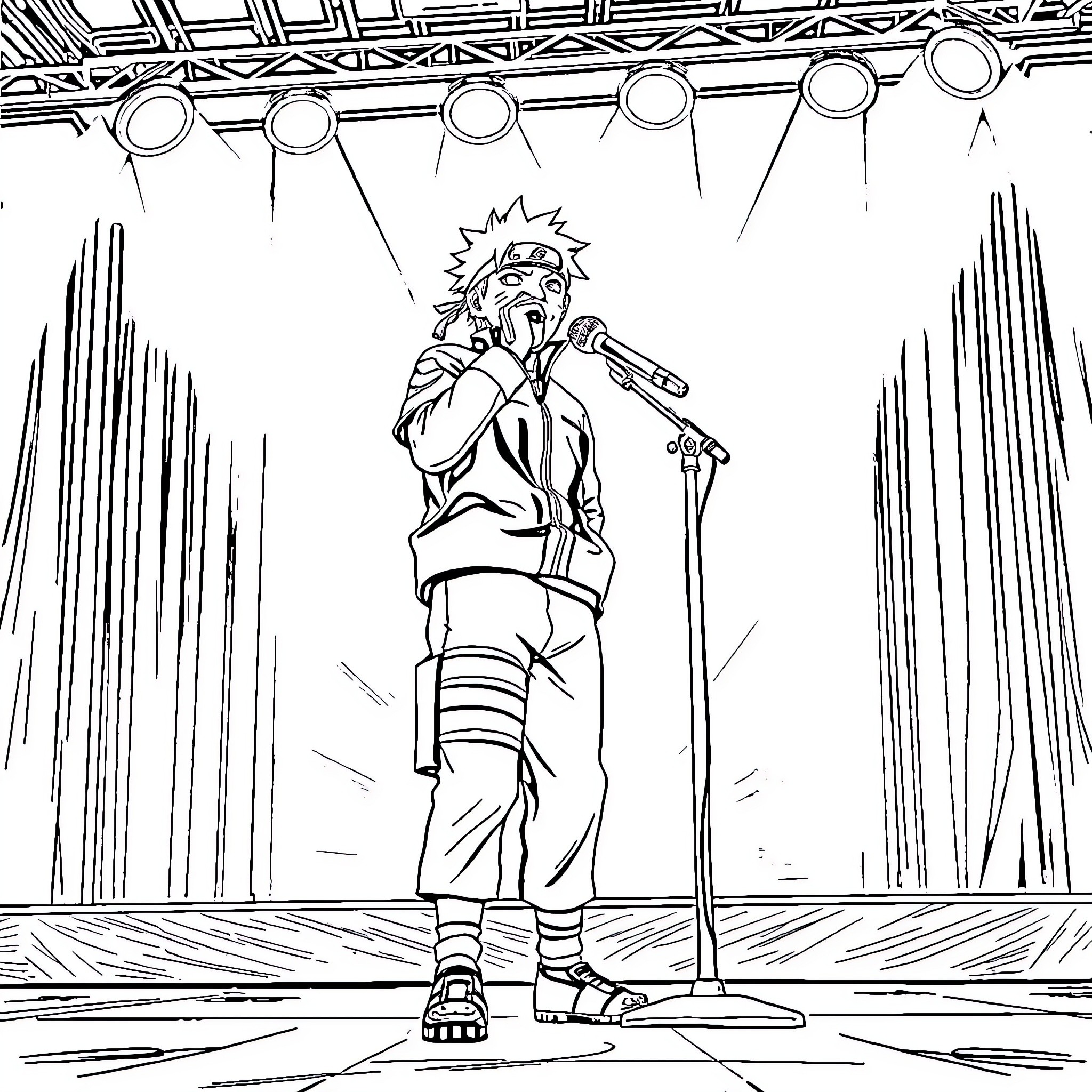 Naruto performing on stage under bright lights Coloring Page (free black-and-white line drawing printable PDF for all, from beginners to advanced learners, including children, teens, adults, and seniors)