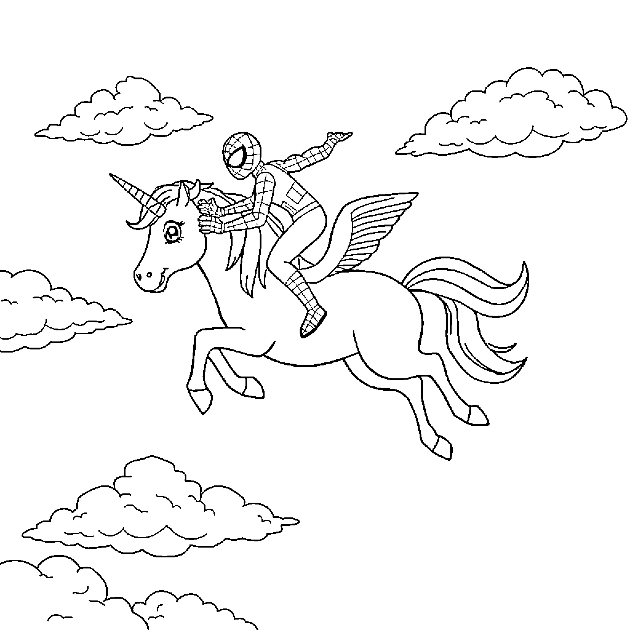 Unicorn riding with adventurer through cloudy skies Coloring Page (free black-and-white line drawing printable PDF for all, from beginners to advanced learners, including children, teens, adults, and seniors)
