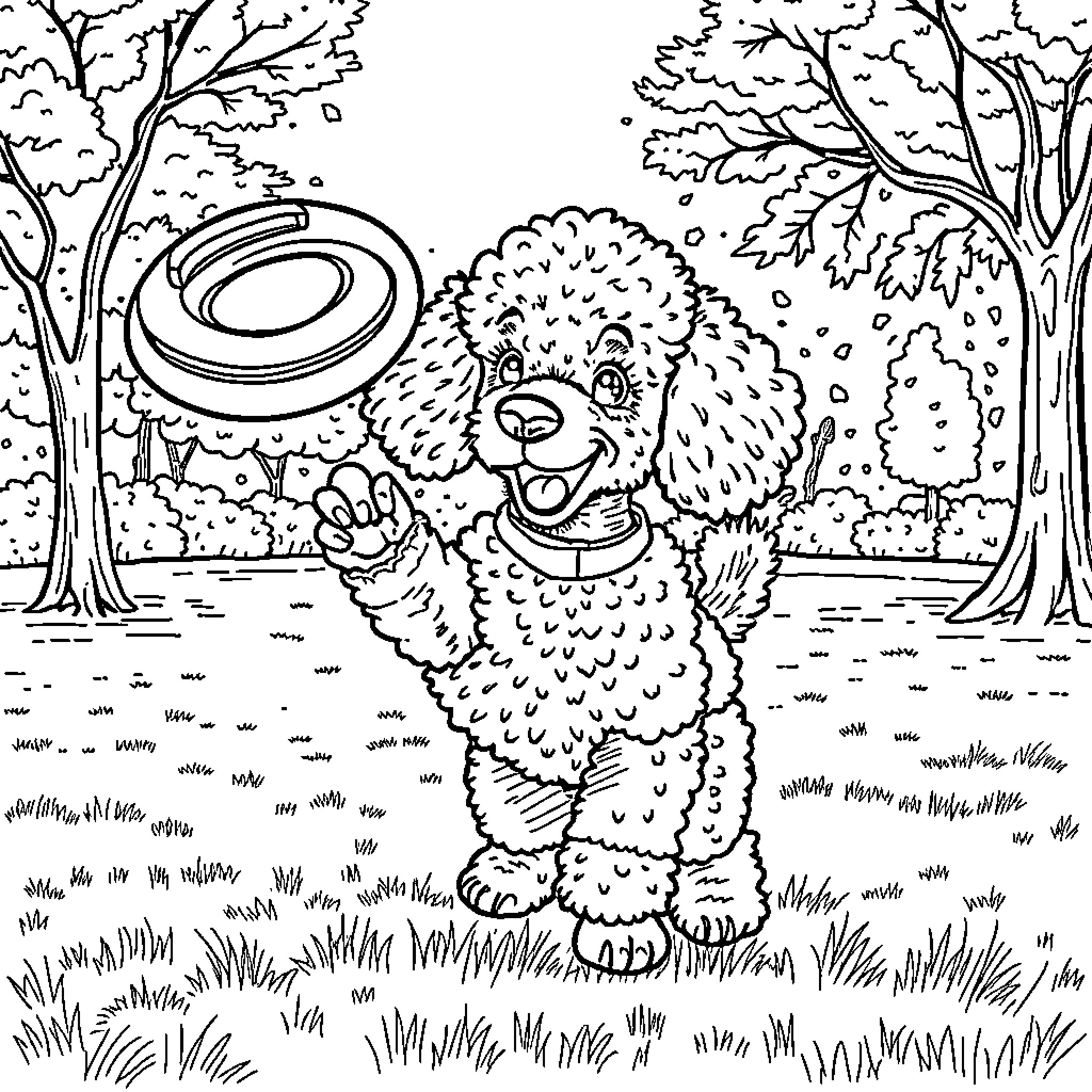 Poodle playing joyfully with a Frisbee in the park Coloring Page (free black-and-white line drawing printable PDF for all, from beginners to advanced learners, including children, teens, adults, and seniors)