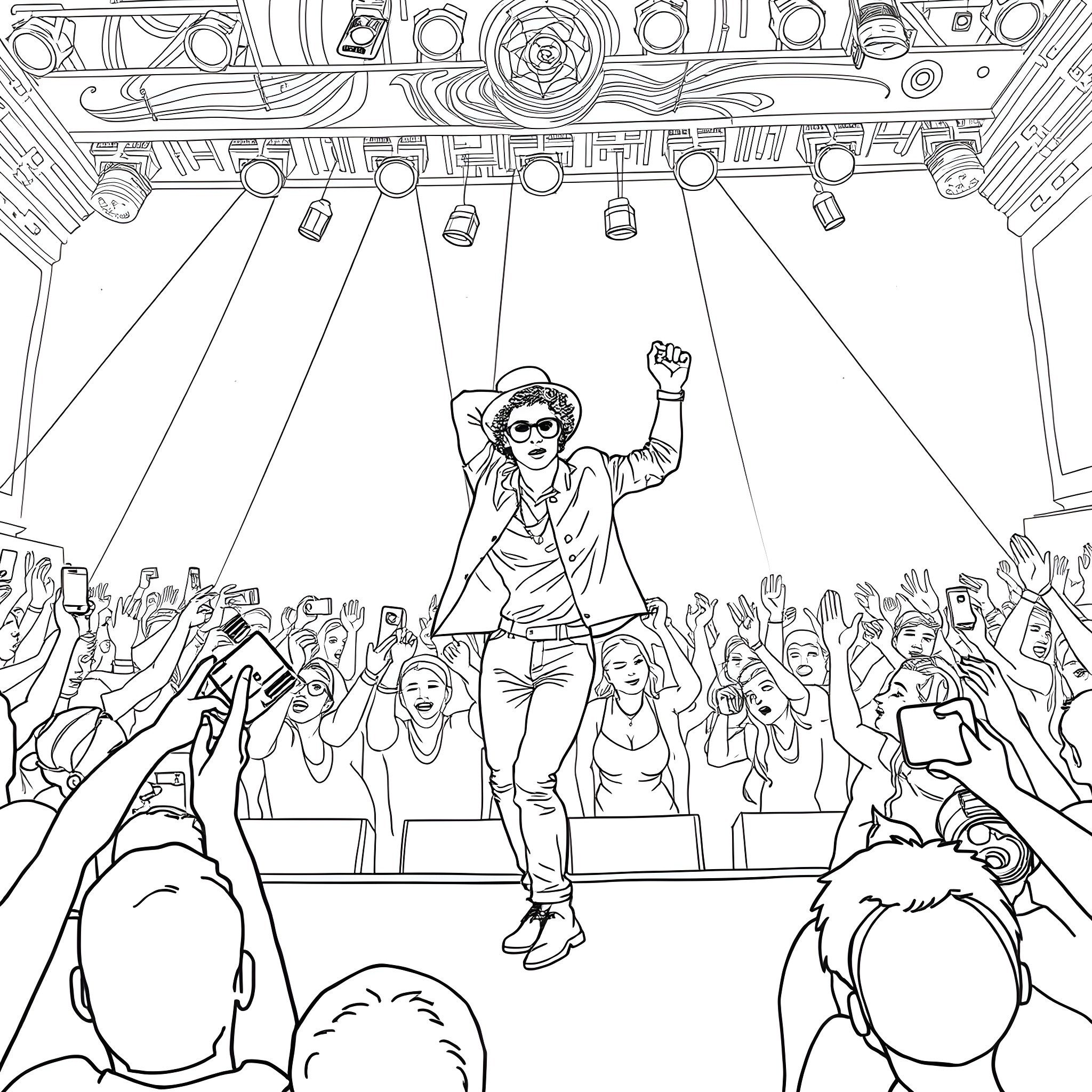Bruno Mars Energetic Performance for Adoring Crowd Coloring Page (free black-and-white line drawing printable PDF for all, from beginners to advanced learners, including children, teens, adults, and seniors)