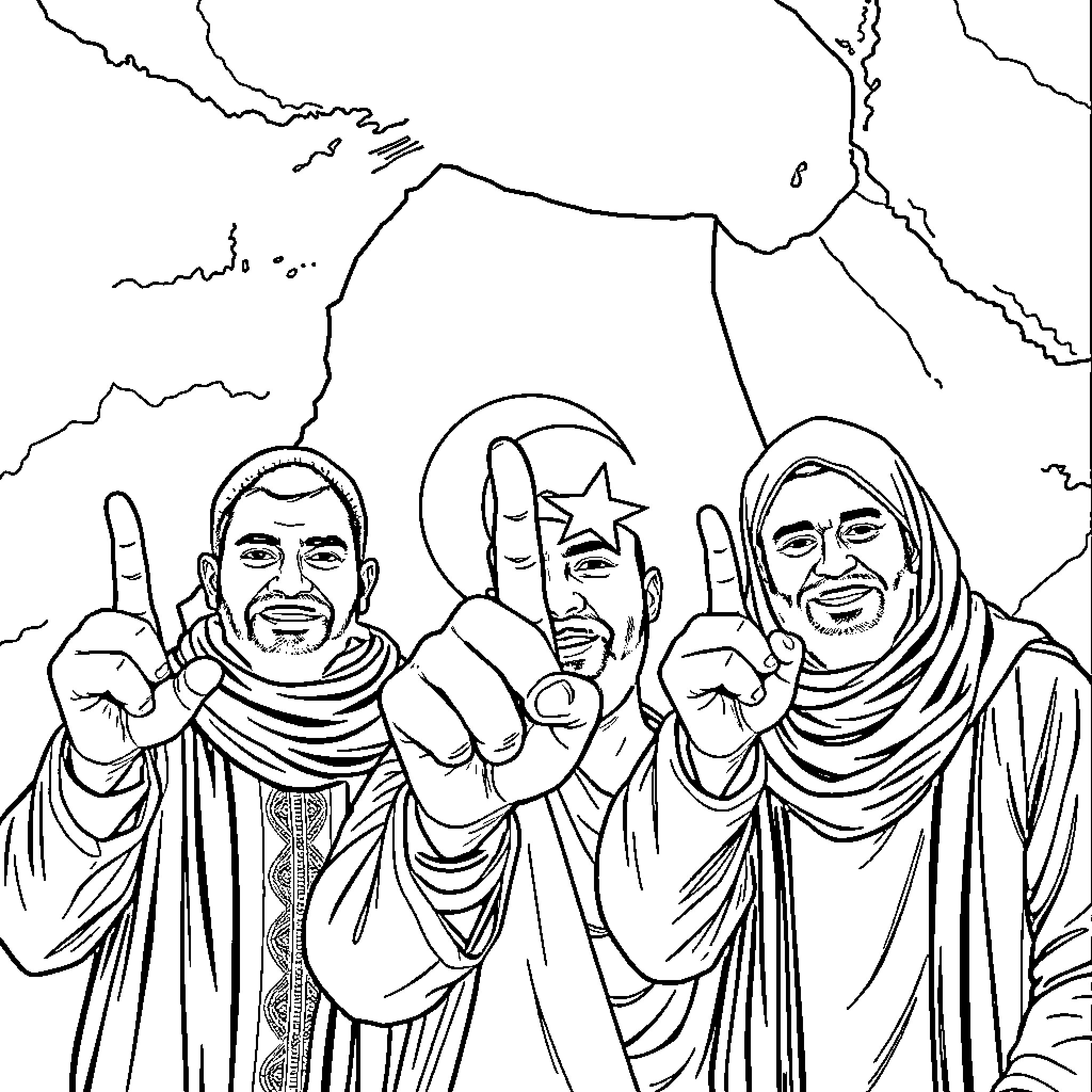 Men gesturing and expressing happiness in traditional clothing Coloring Page (free black-and-white line drawing printable PDF for all, from beginners to advanced learners, including children, teens, adults, and seniors)
