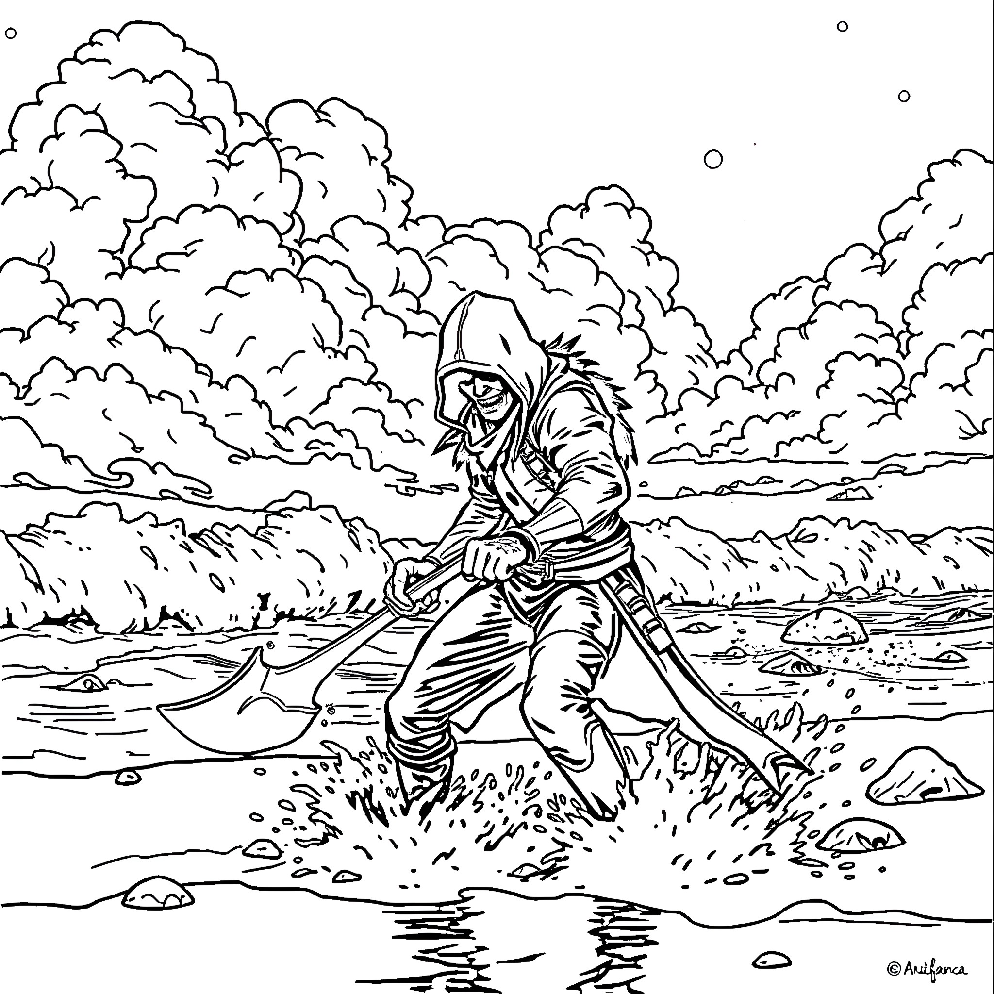 Depredador en acción en un paisaje tempestuoso Coloring Page (free black-and-white line drawing printable PDF for all, from beginners to advanced learners, including children, teens, adults, and seniors)